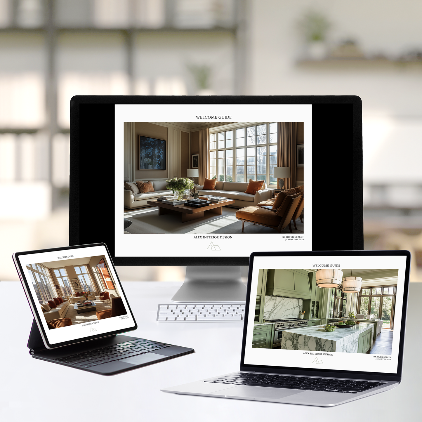A digital product display featuring the Alex  Collection New Client Welcome Guide Bundle for interior design clients, with placeholder images for customization.