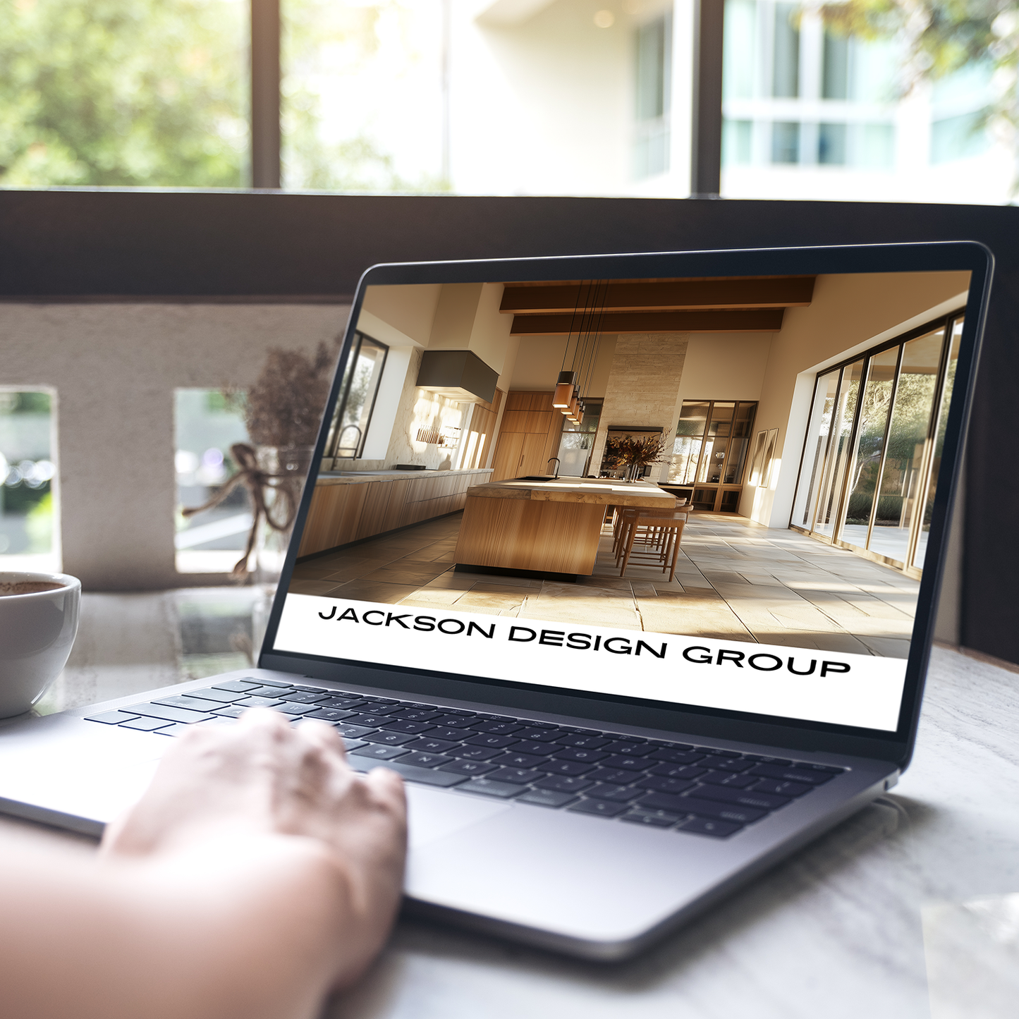 An interior designer working on a laptop with the LSI Workshop Client Experience Guide template. From the Jackson Collection. 