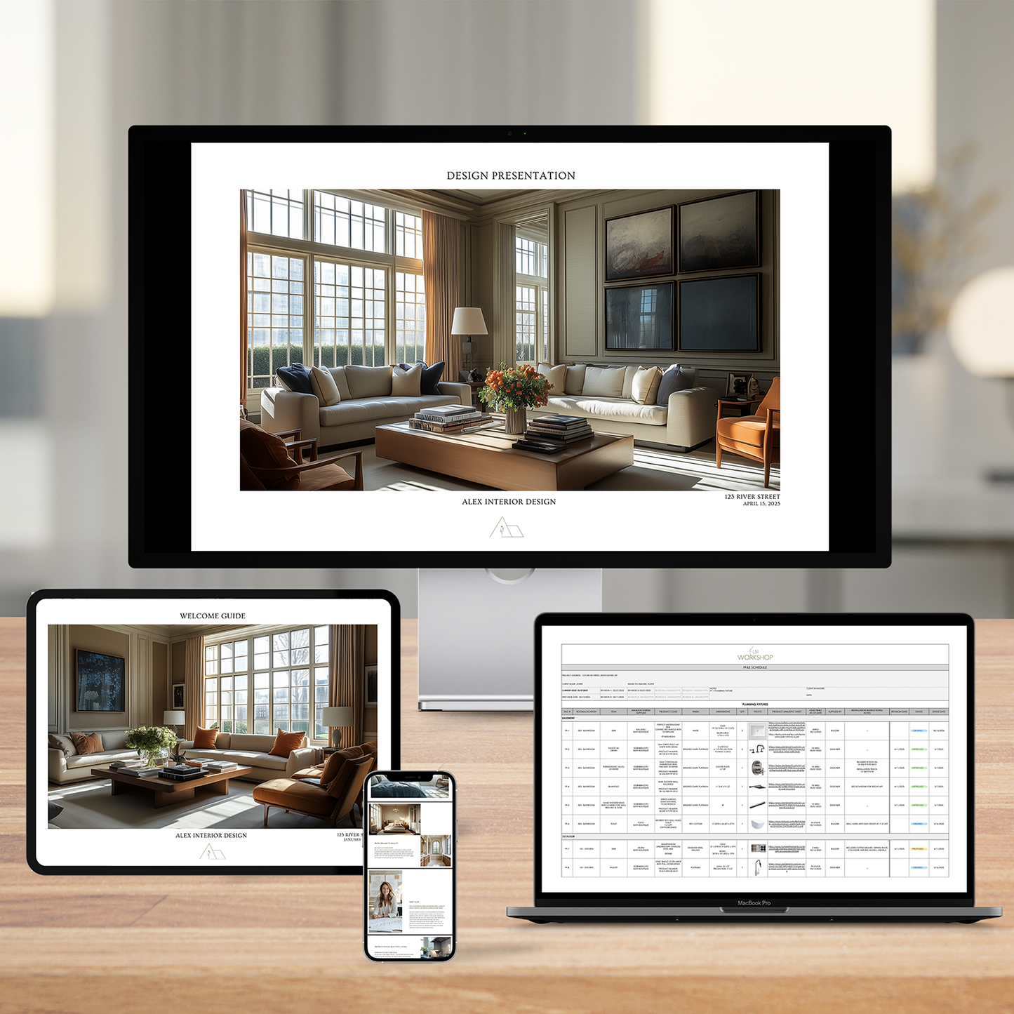 The Alex Complete Collection Template Bundle, displayed across different devices, including a desktop, laptop, tablet, and smartphone, with a Design Presentation, Welcome Guide, and FF&E Schedule visible.