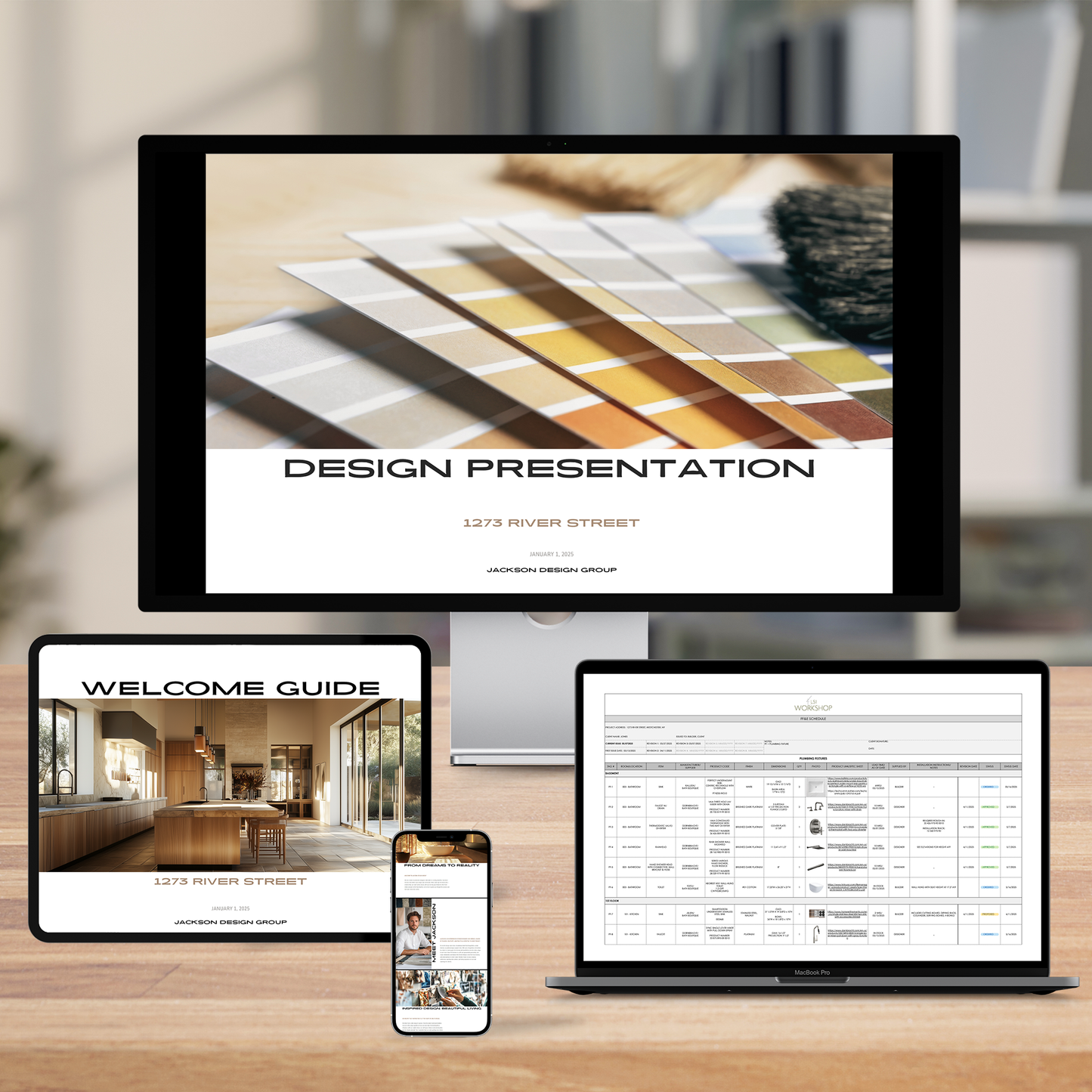 The Jackson Complete Collection Template Bundle, displayed across different devices, including a desktop, laptop, tablet, and smartphone, with a Design Presentation, Welcome Guide, and FF&E Schedule visible.
