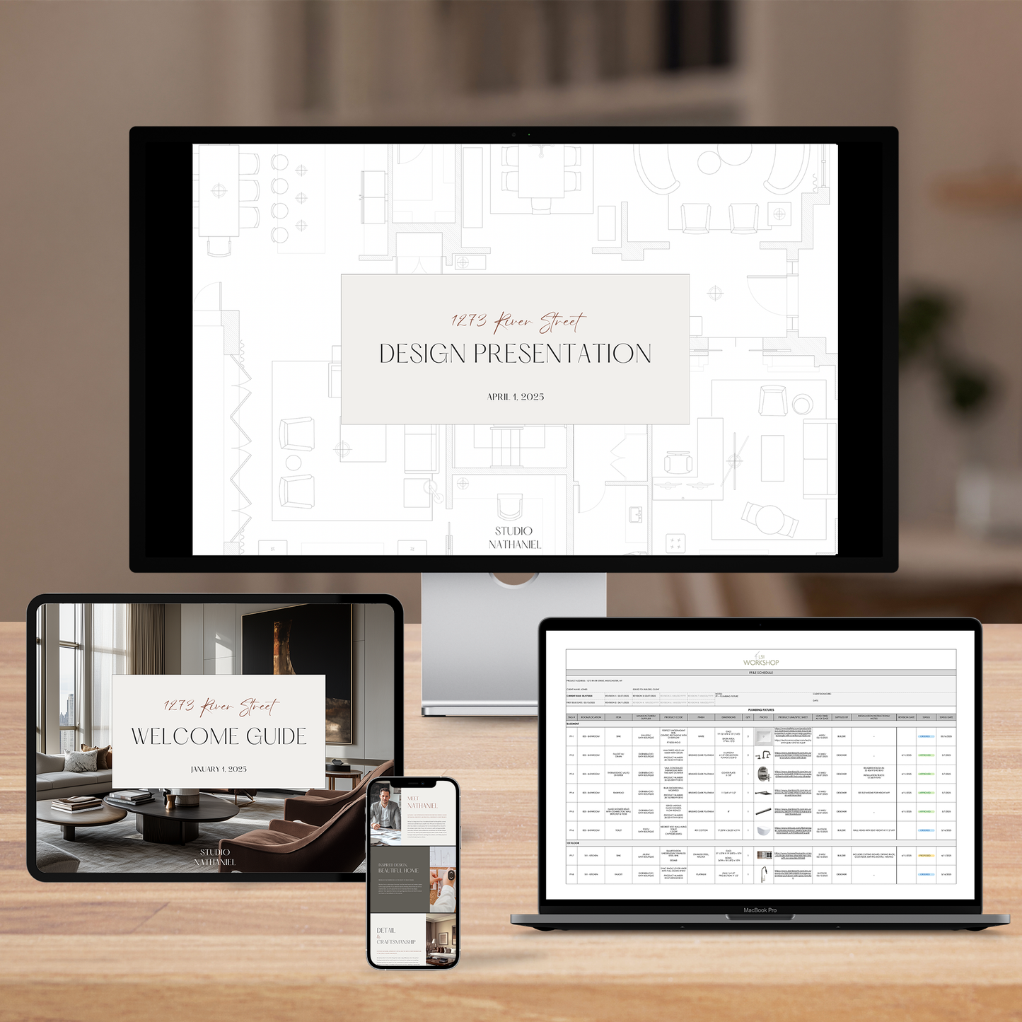 The Nathaniel Complete Collection Template Bundle, displayed across different devices, including a desktop, laptop, tablet, and smartphone, with a Design Presentation, Welcome Guide, and FF&E Schedule visible.