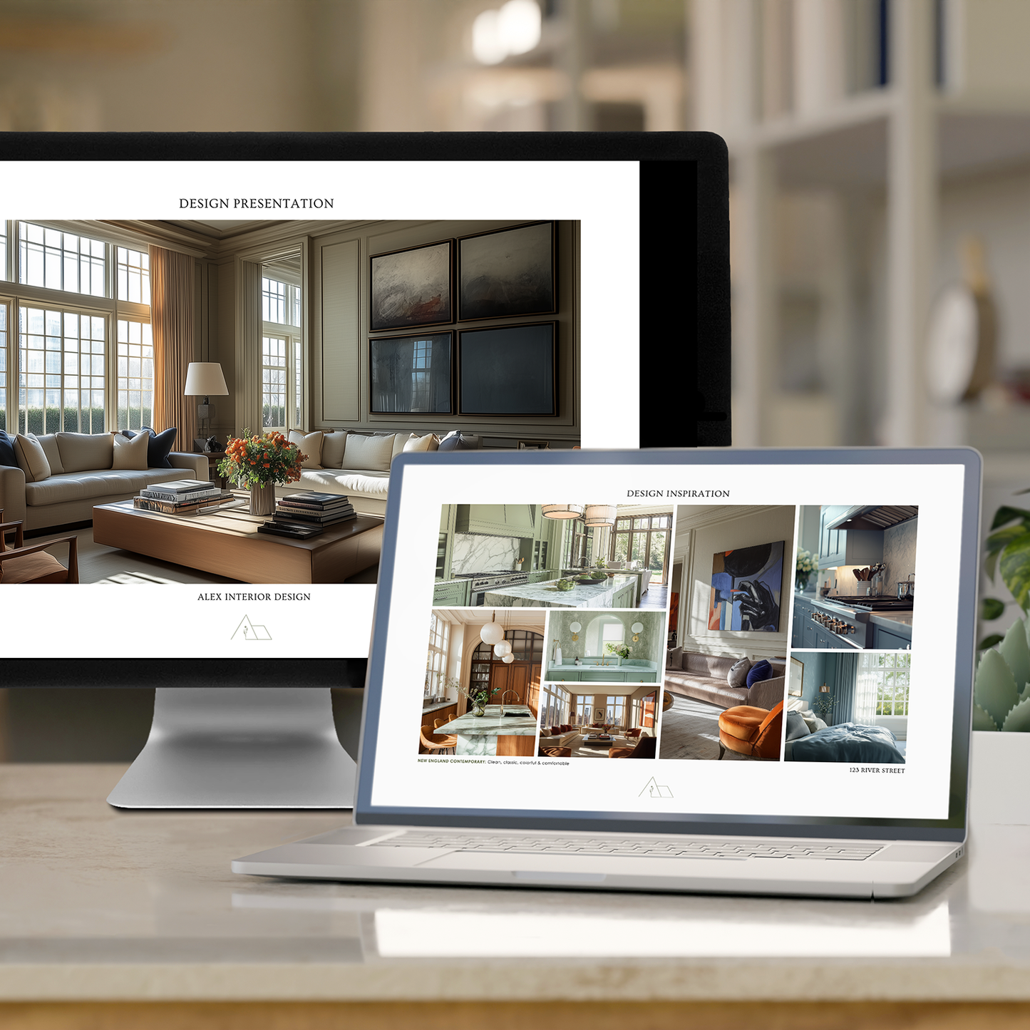 A presentation bundle  depicting customizable templates for an interior design presentation and an inspiration presentation. From the LSI Workshop Alex collection.
