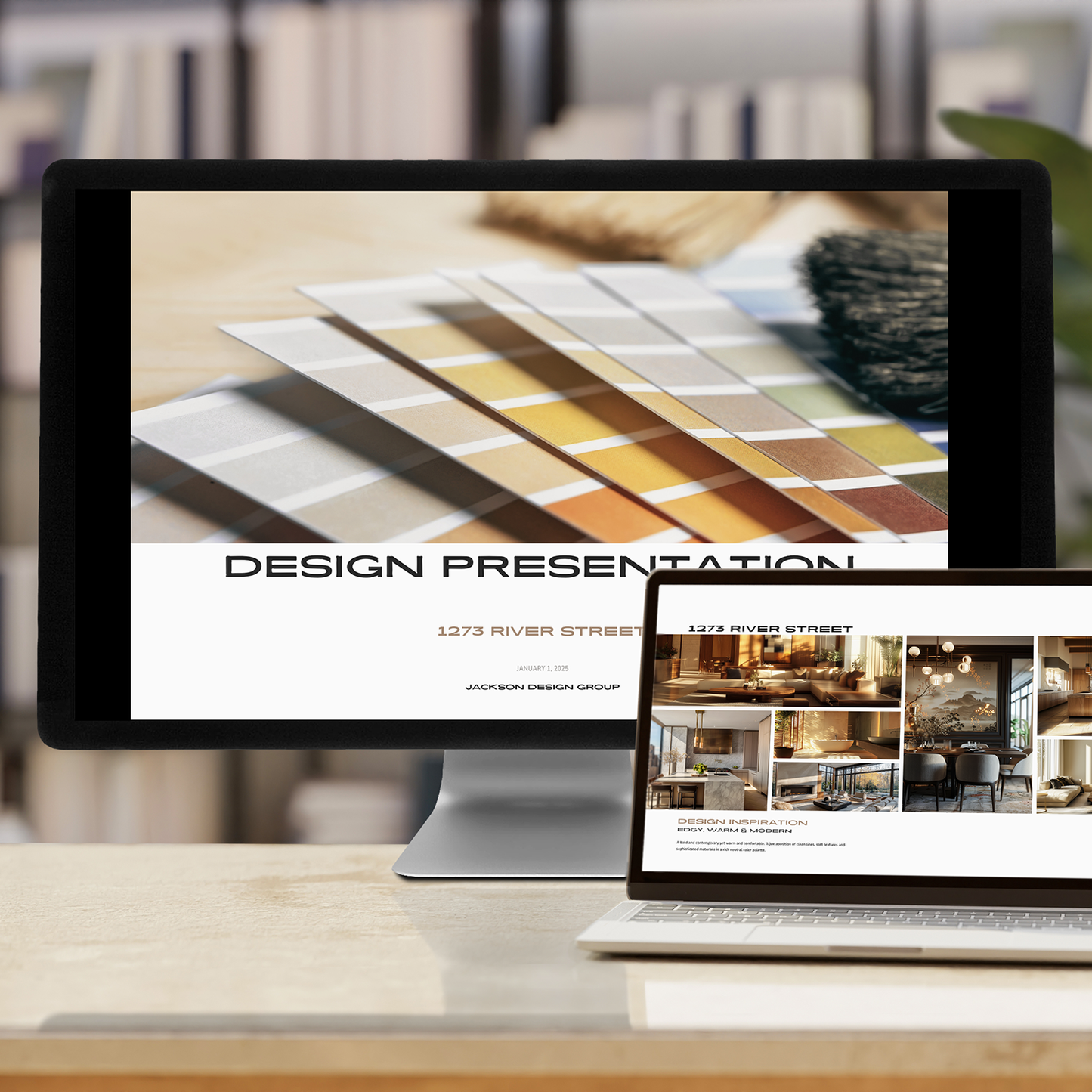 A presentation bundle  depicting customizable templates for an interior design presentation and an inspiration presentation. From the LSI Workshop Jackson collection.