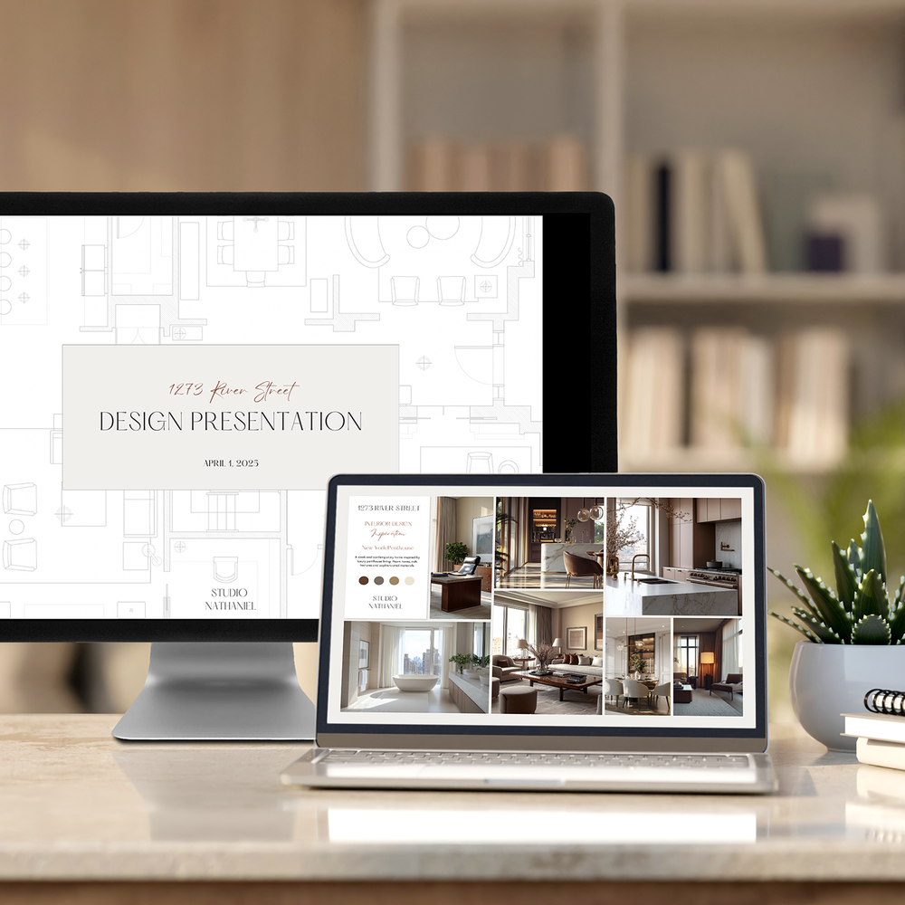 A presentation bundle  depicting customizable templates for an interior design presentation and an inspiration presentation. From the LSI Workshop Nathaniel collection.