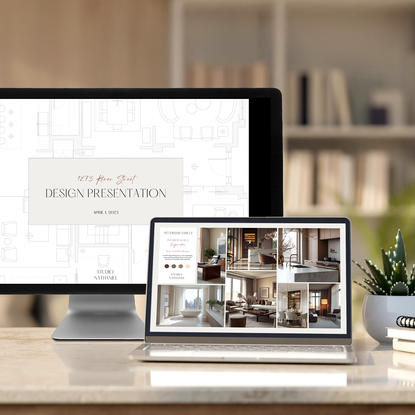 A presentation bundle  depicting customizable templates for an interior design presentation and an inspiration presentation. From the LSI Workshop Nathaniel collection.