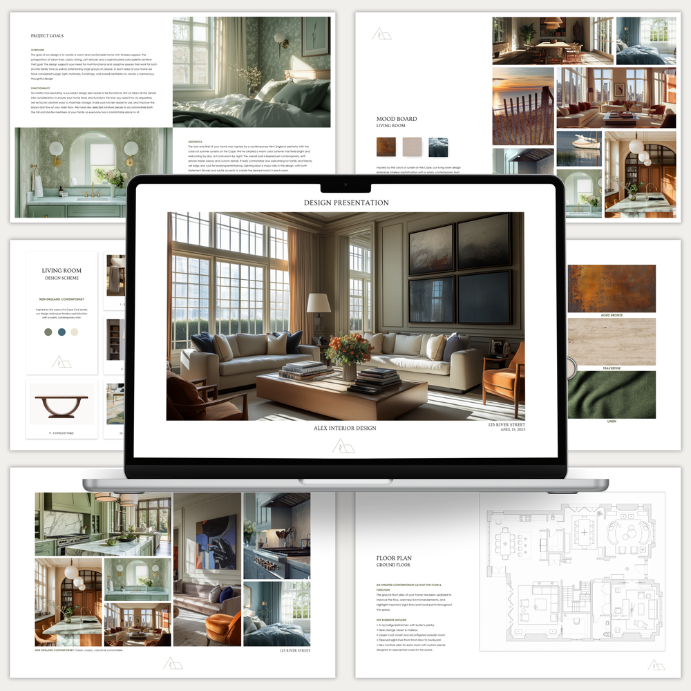 
                  
                    Various pages showcasing the interior design presentation template from the LSI Workshop Alex Collection. 
                  
                