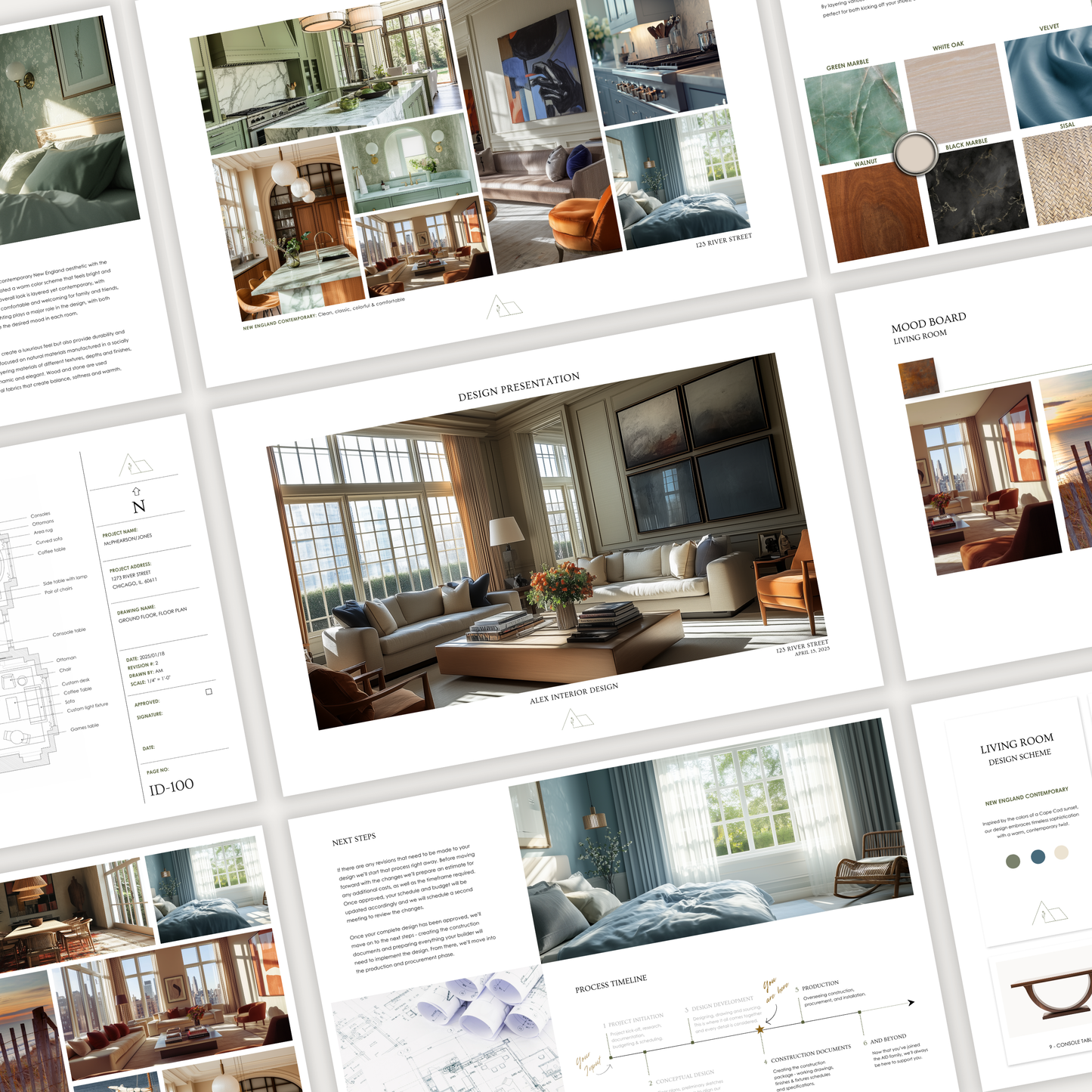 A grid of pages showcasing an interior design presentation template, with drawings, mood boards, furniture, materials and more. From the LSI Workshop Alex collection. 