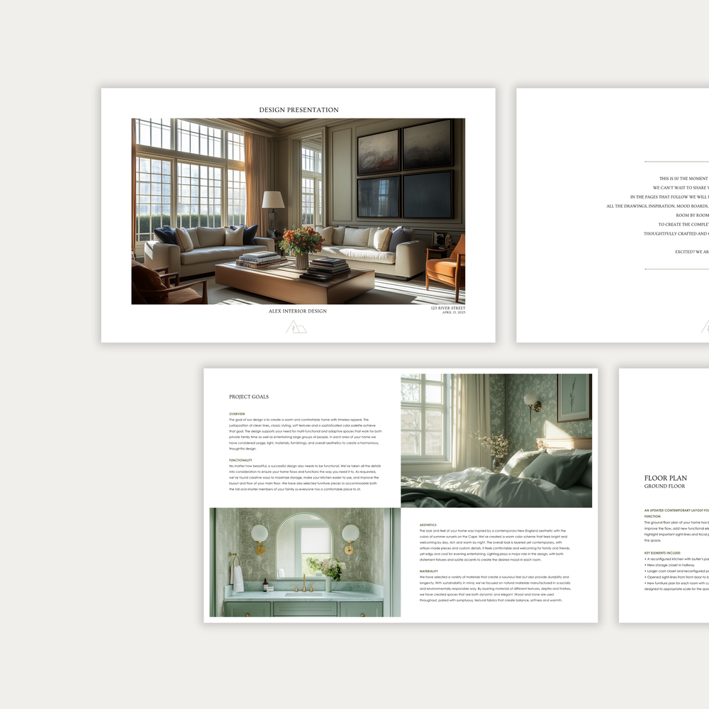 
                  
                    Image 1 of three showing the pages and layout of the customizable Design Presentation template from the LSI Workshop Alex Collection.
                  
                