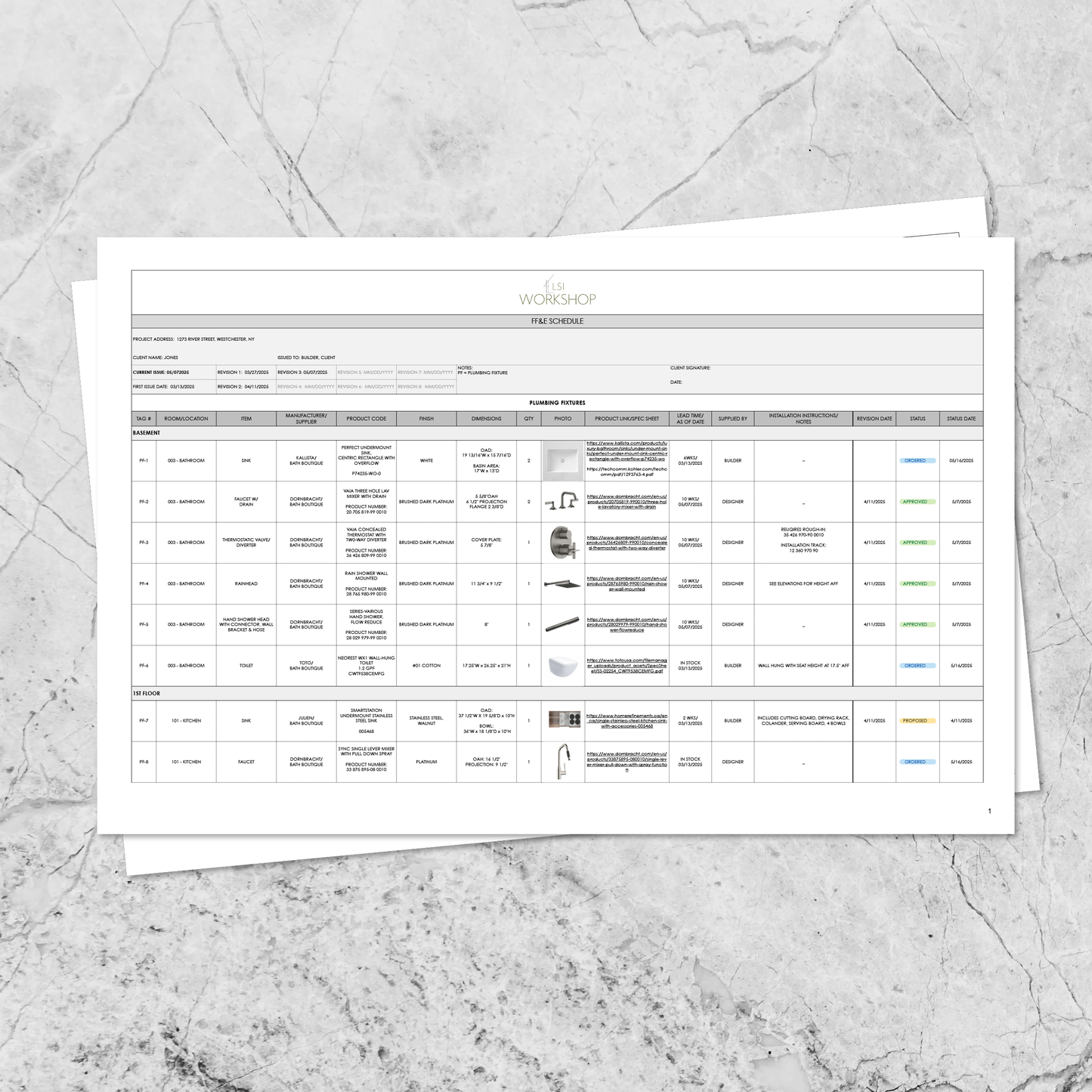 Pages from the LSI Workshop FF&E Schedule template.