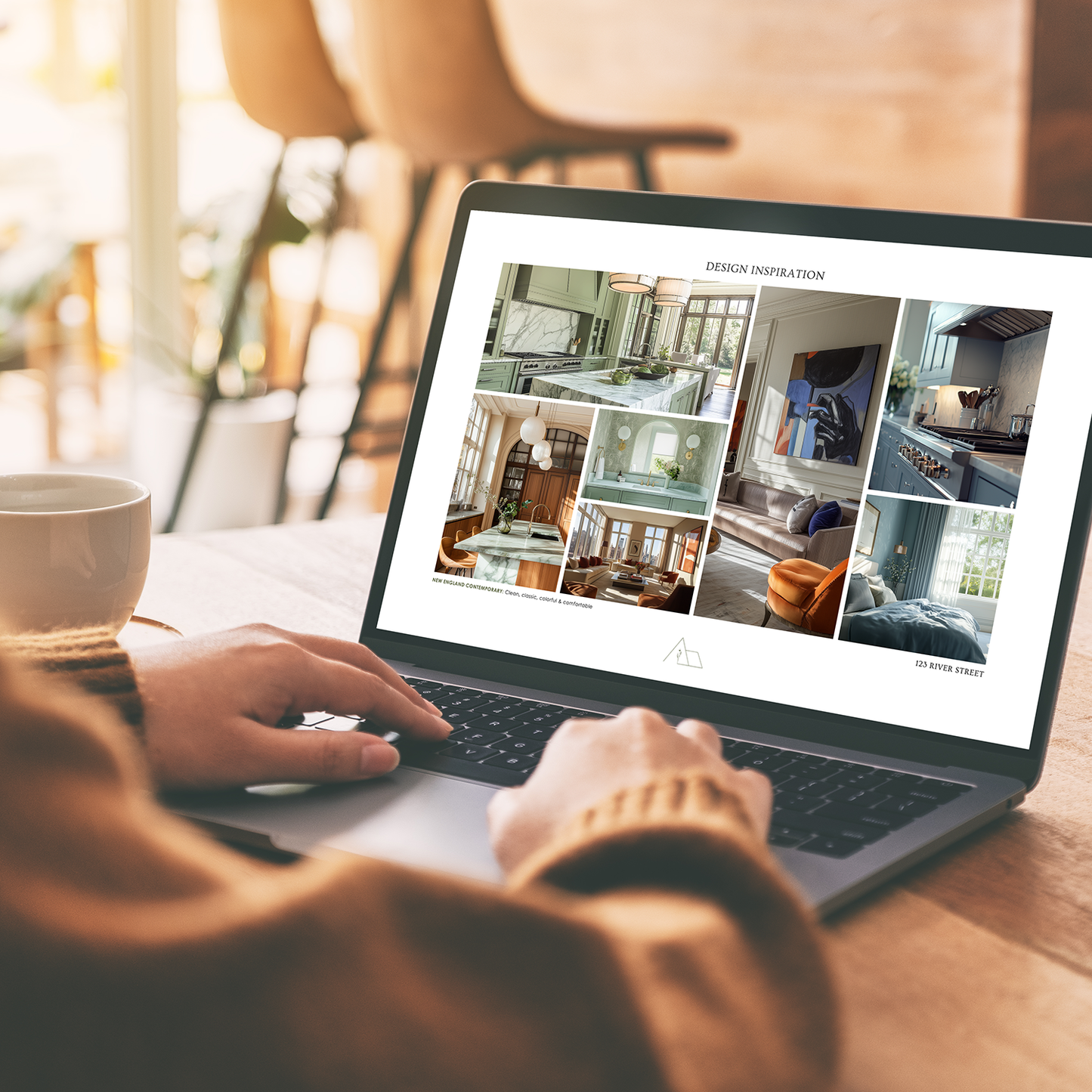 A person sitting at a table with a laptop displaying a presentation template with multiple inspiration images of interior designs. From the LSI Workshop Alex collection.