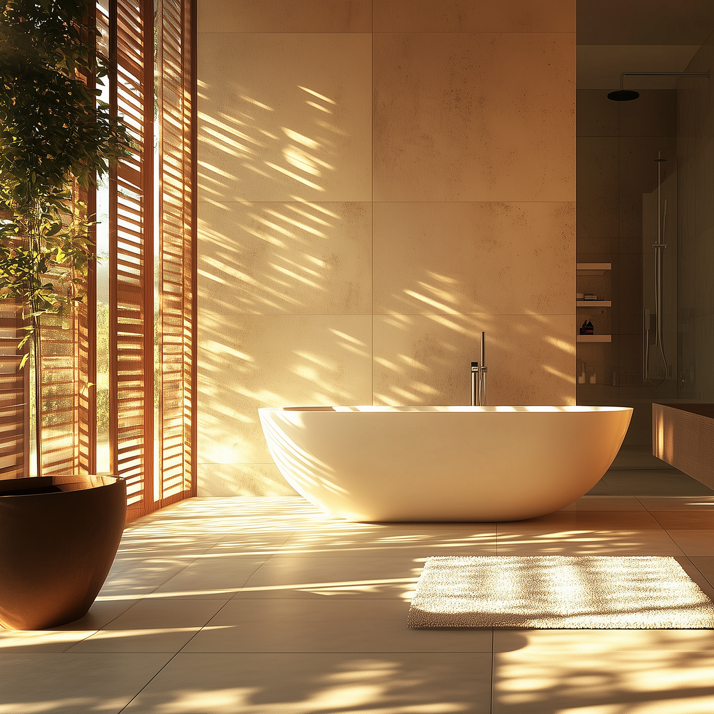 A clean, contemporary bathroom with limestone walls and a free-standing tub, from the LSI Workshop Jackson Collection.