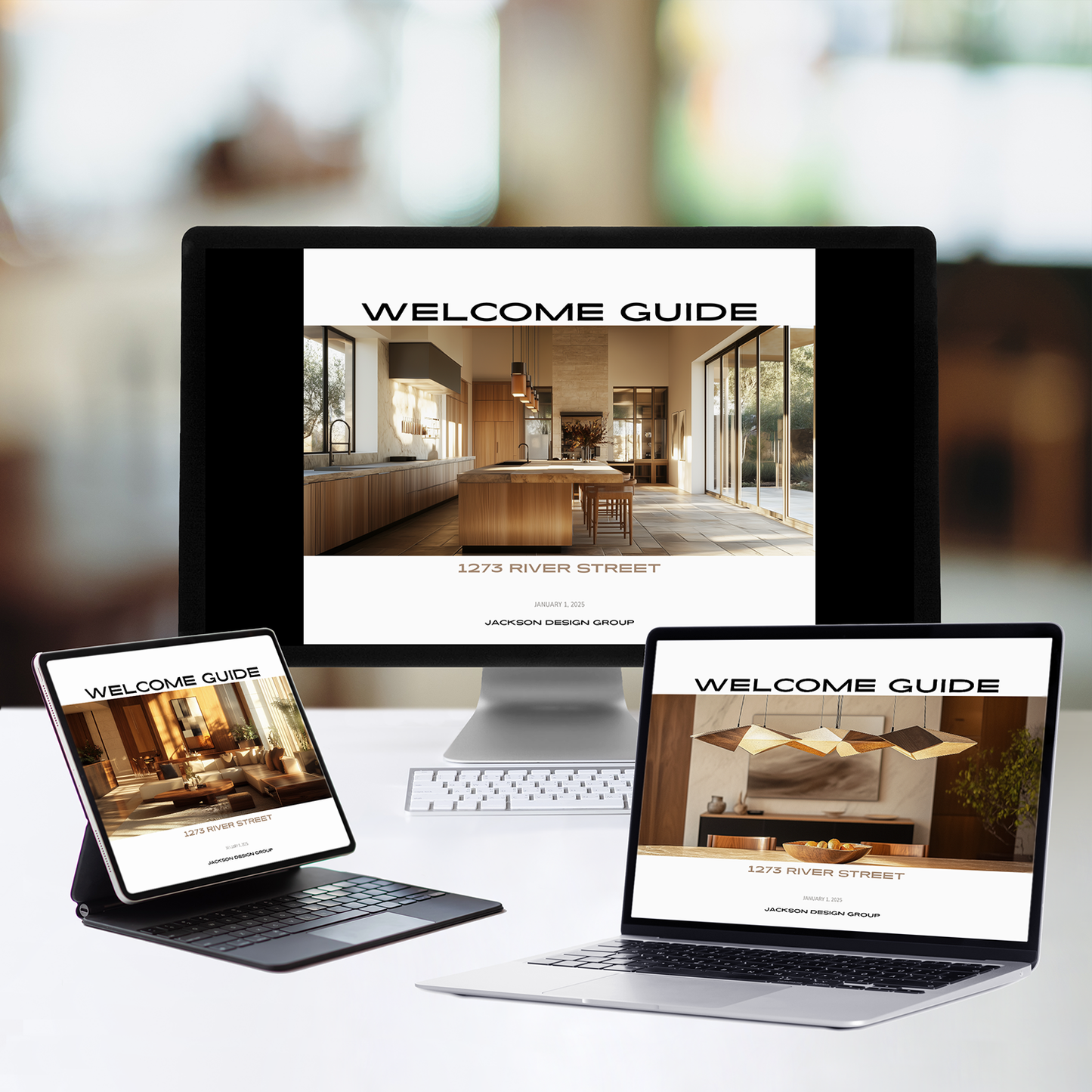 A digital product display featuring the Jackson Collection New Client Welcome Guide Bundle for interior design clients, with placeholder images for customization.