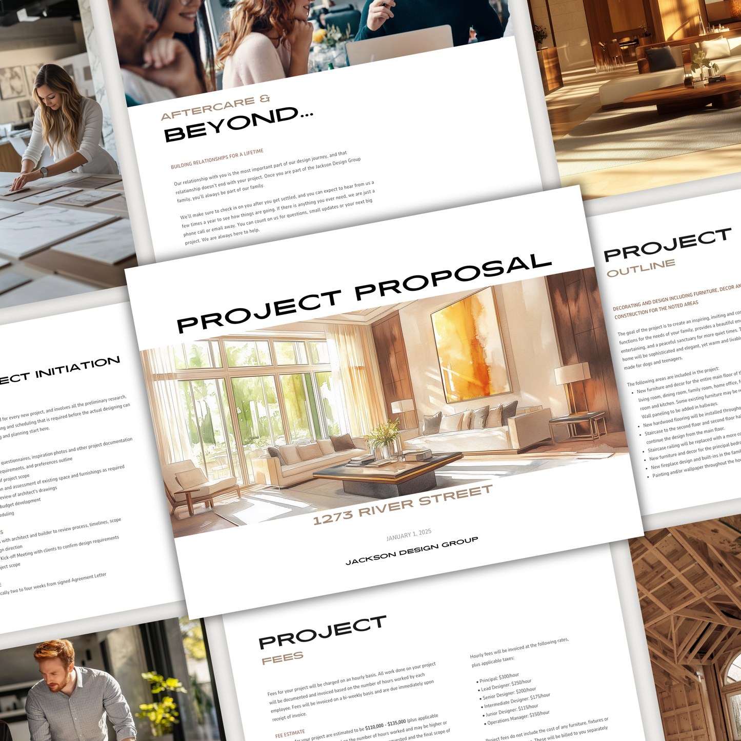 A collage of pages showcasing the LSI Workshop interior design Project Proposal Template from the Jackson Collection.