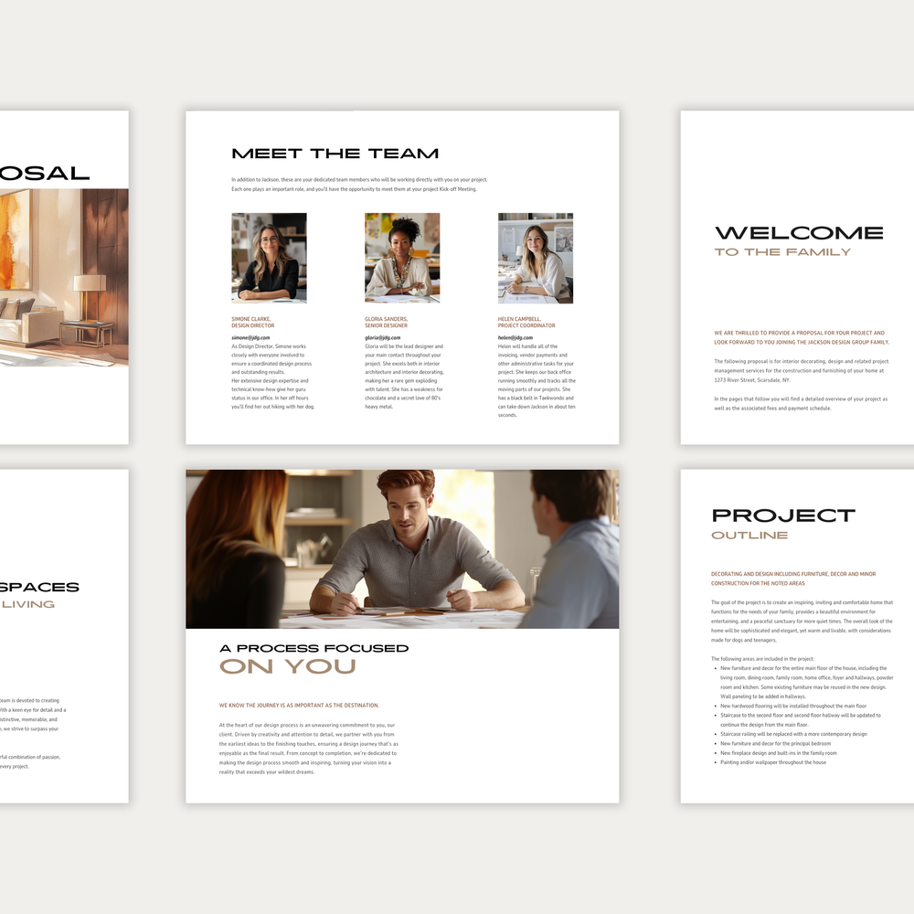 
                  
                    The second of three images showing the content and layout of the LSI Workshop interior design Project Proposal template. From the Jackson Collection. 
                  
                