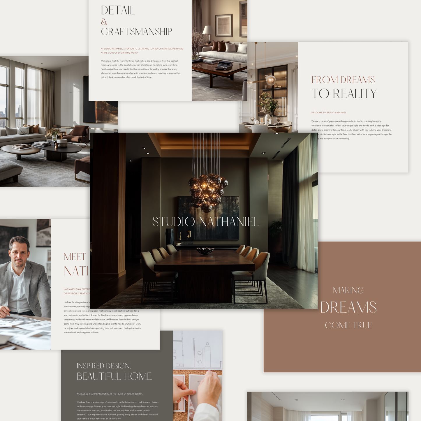 A collage of professionally designed pages from an interior design template showcasing a brand's client experience. Part of the LSI Workshop Nathaniel Collection.