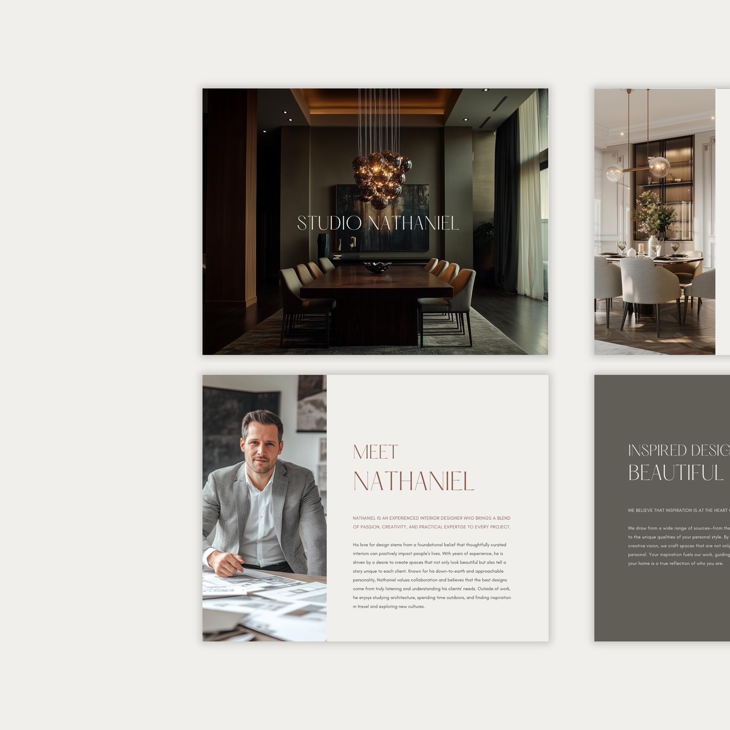 The first of three images showcasing the pages of the interior design Client Experience Guide template. From the LSI Workshop Nathaniel Collection. 