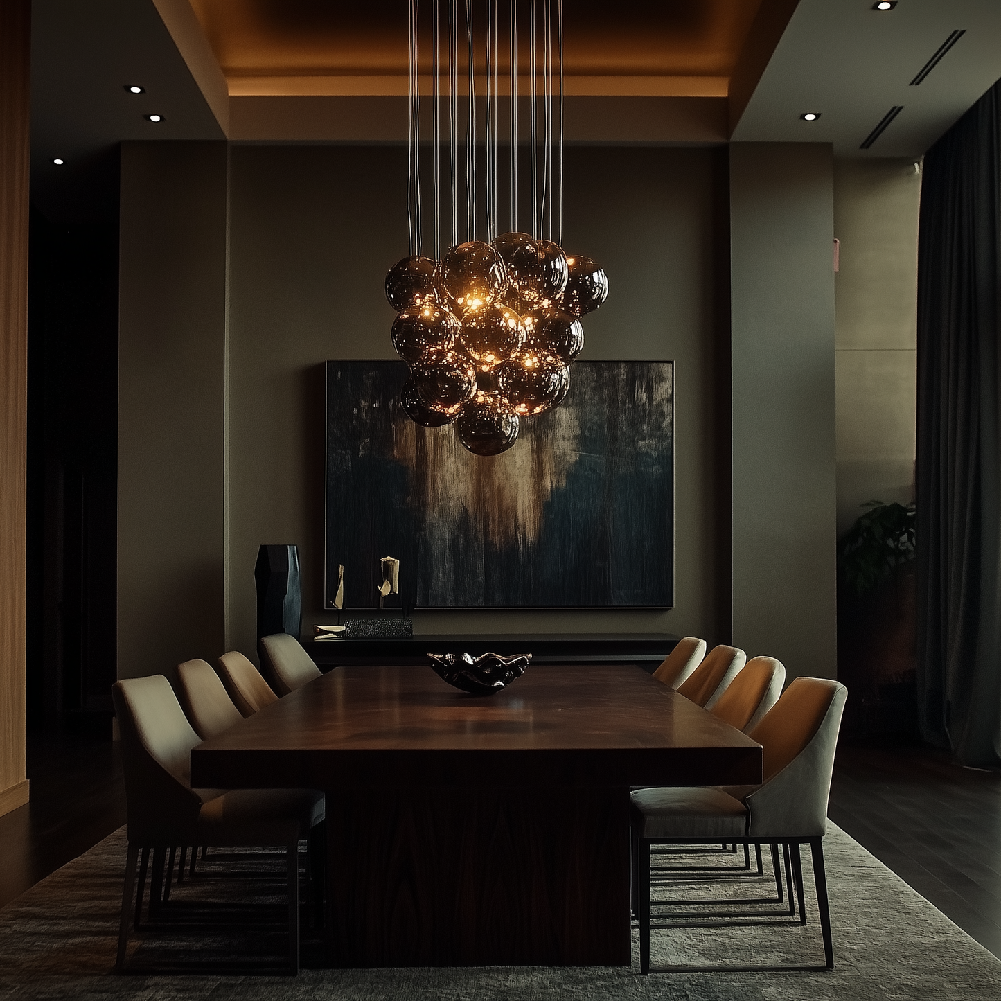Dramatic, contemporary, high-end dining room. From the LSI Workshop Nathaniel Collection.