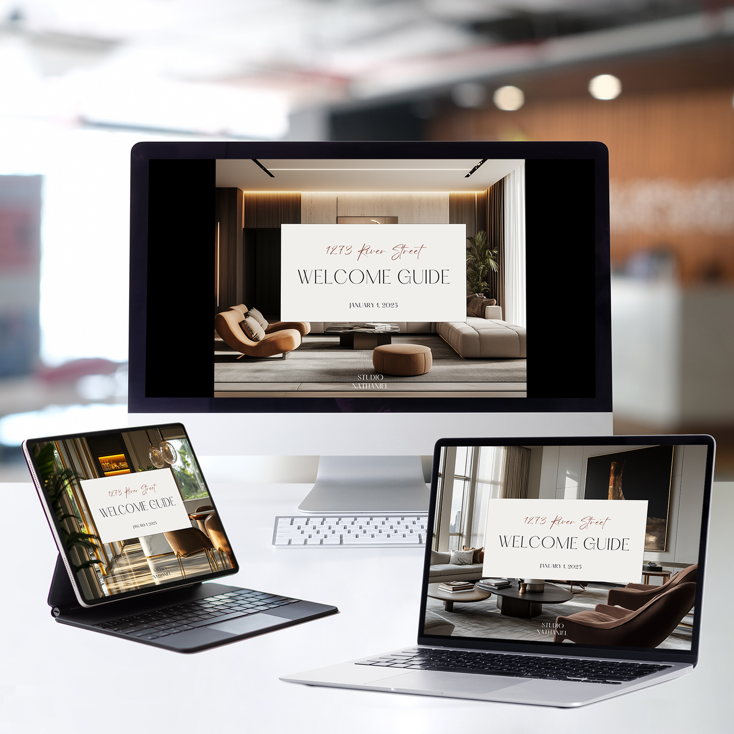 A digital product display featuring the Nathaniel Collection New Client Welcome Guide Bundle for interior design clients, with placeholder images for customization.