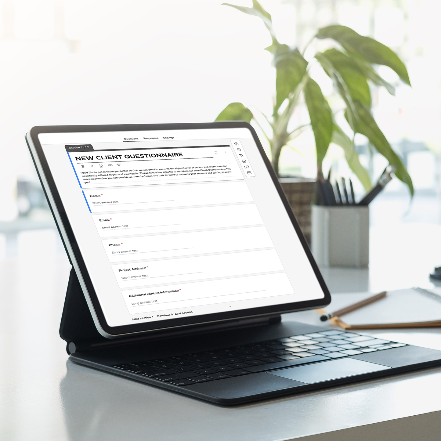 A tablet showing the LSI Workshop New Client Questionnaire for onboarding interior design clients. From the Jackson Collection.