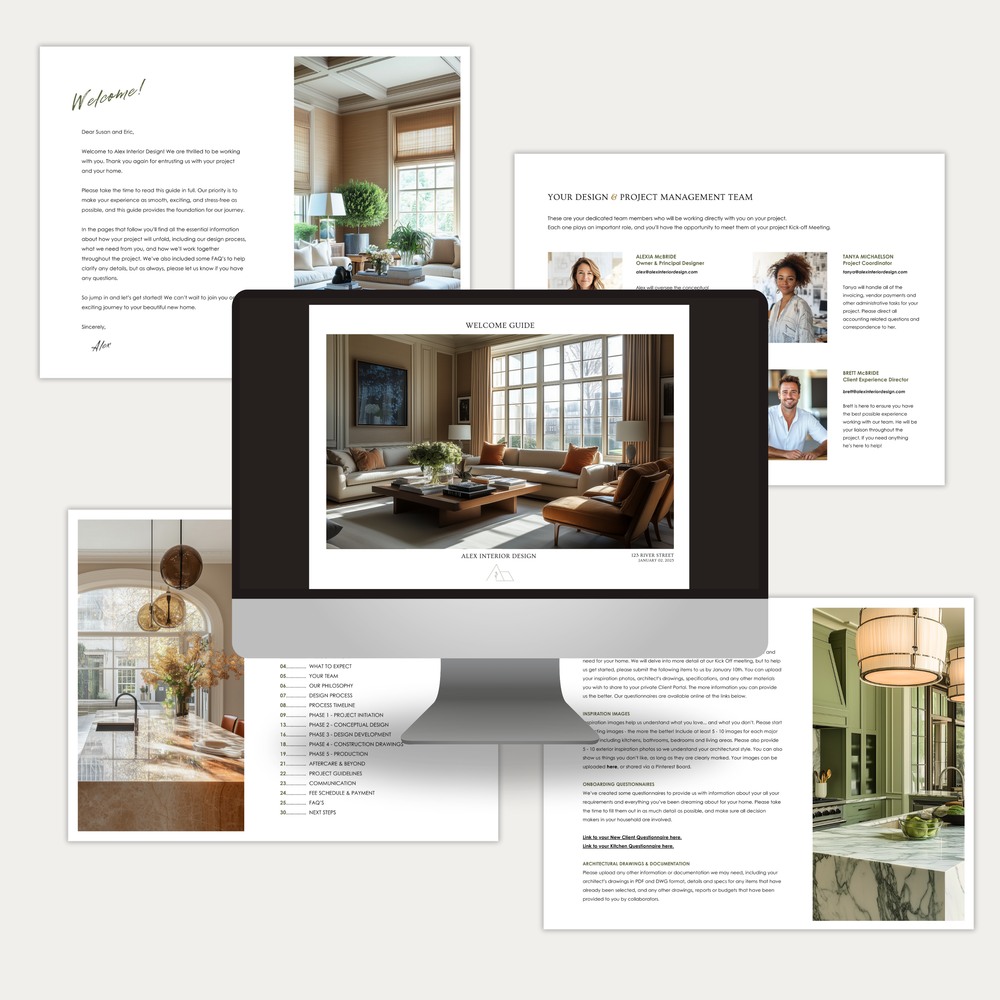 
                  
                    A collage of pages showing the New Client Welcome Guide template for Construction, Furniture & Decor Projects. From the LSI Workshop Alex Collection.
                  
                