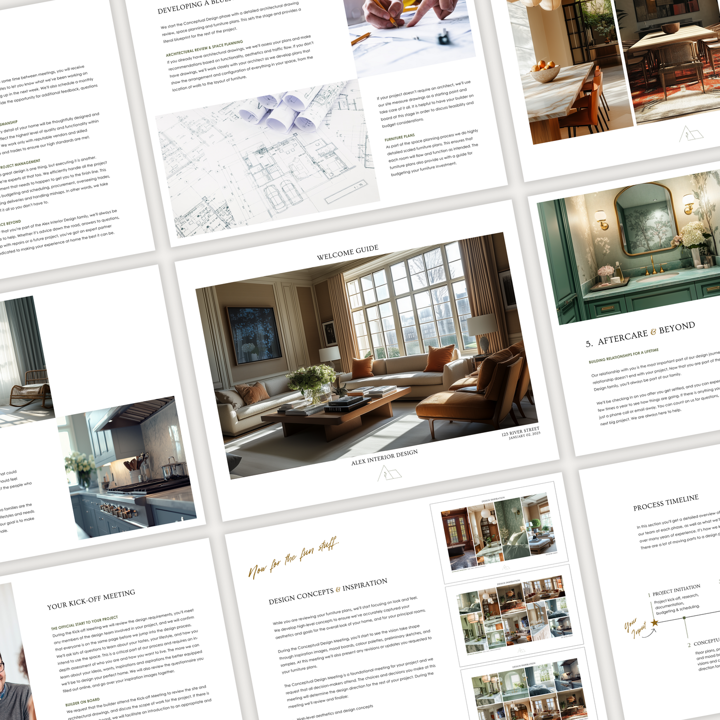 A grid of pages showcasing the design of the New Client Welcome Guide template for construction, furniture & decor projects, from the LSI Workshop Alex Collection.