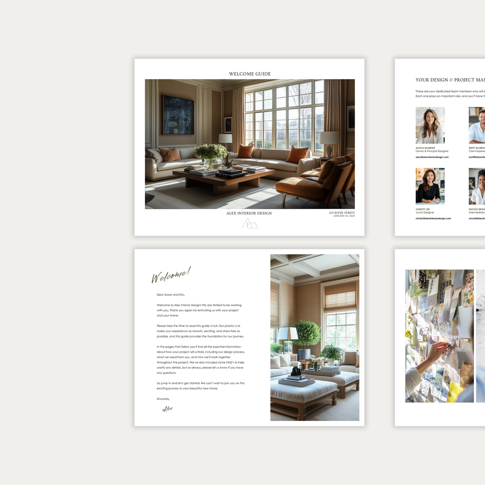 
                  
                    The first of three images displaying the customizable pages of the New Client Welcome Guide template for Construction, Furniture & Decor Projects. From LSI Workshop, the Alex Collection.
                  
                