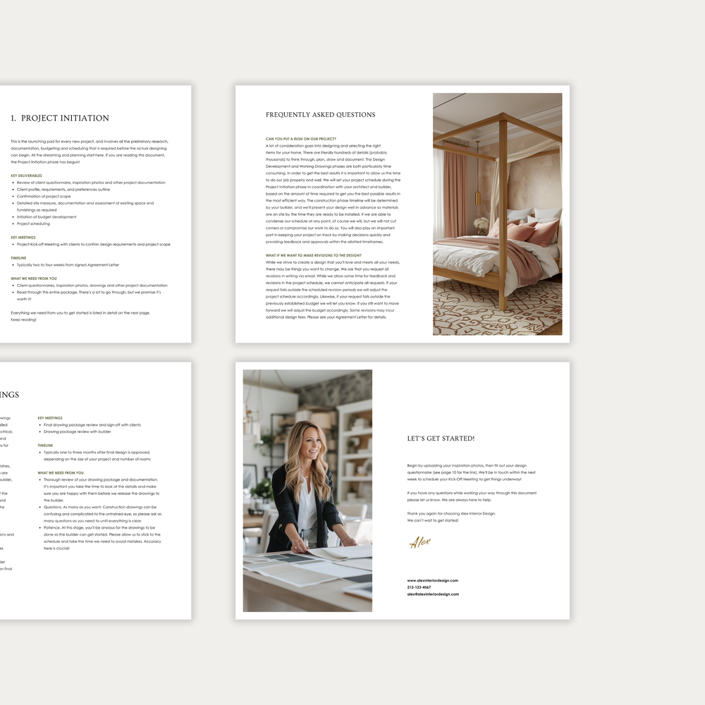 
                  
                    The third of three images displaying the customizable pages of the New Client Welcome Guide template for Construction, Furniture & Decor Projects. From LSI Workshop, the Alex Collection.
                  
                