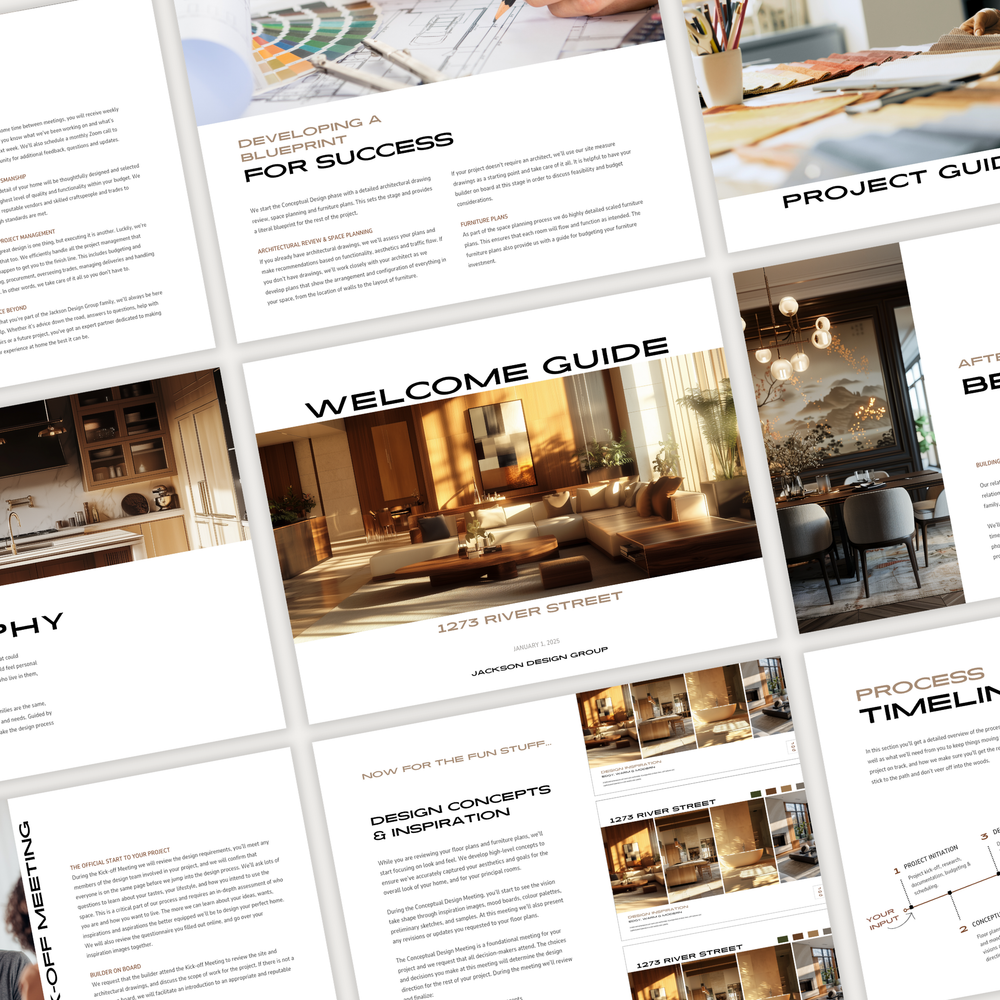A grid of pages showcasing the design of the New Client Welcome Guide template for construction, furniture and decor projects, from the LSI Workshop Jackson Collection.