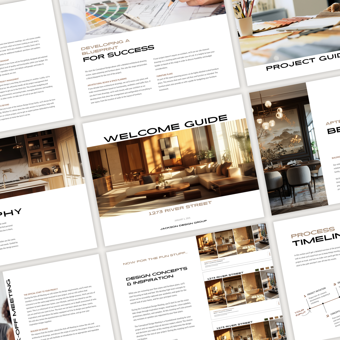 A grid of pages showcasing the design of the New Client Welcome Guide template for construction, furniture and decor projects, from the LSI Workshop Jackson Collection.