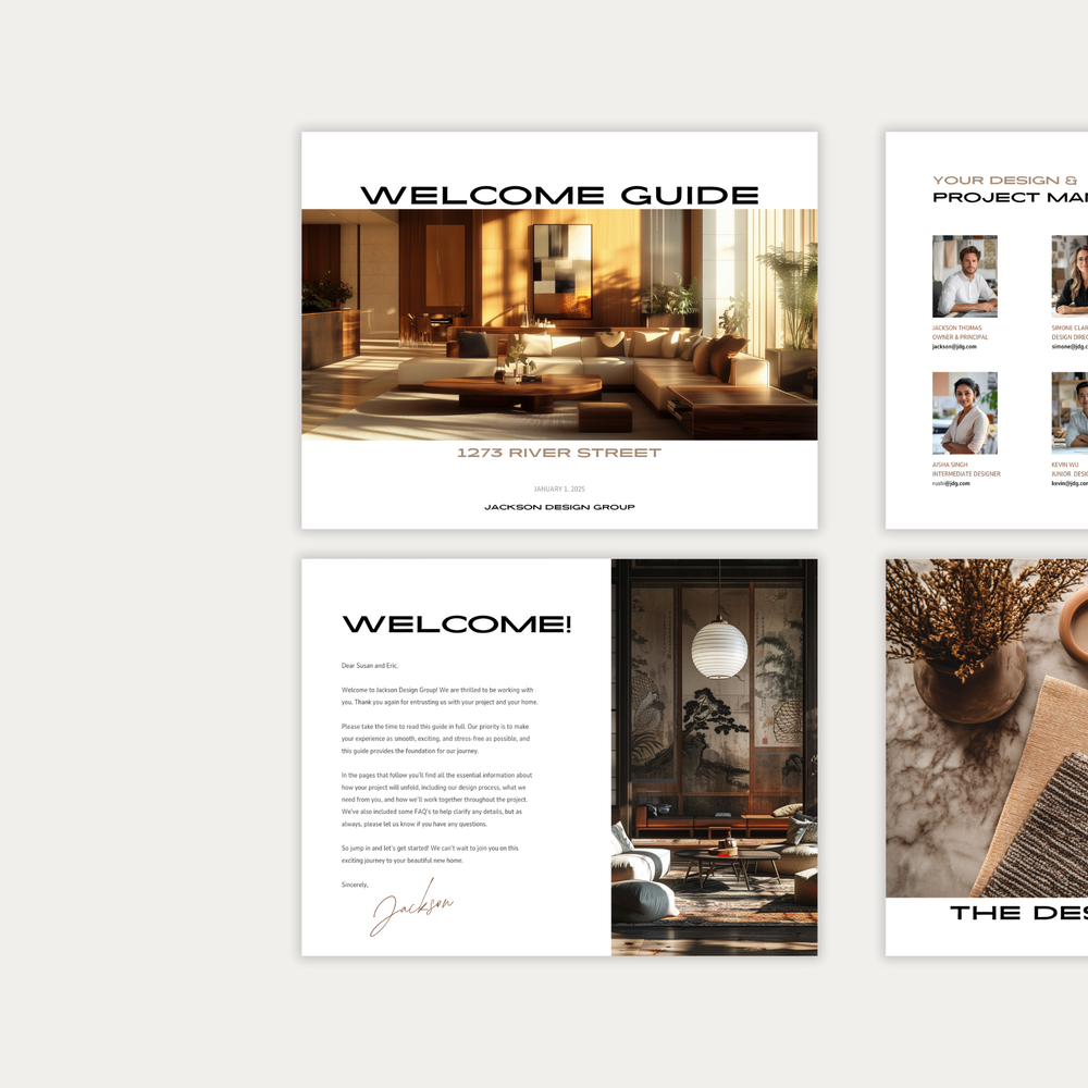 
                  
                    The first of three images displaying the customizable pages of the New Client Welcome Guide template for Construction, Furniture & Decor Projects. From LSI Workshop, the Jackson Collection.
                  
                