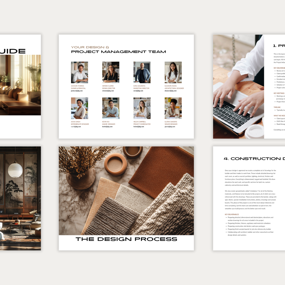 
                  
                    The second of three images displaying the customizable pages of the New Client Welcome Guide template for Construction, Furniture & Decor Projects. From LSI Workshop, the Jackson Collection.
                  
                