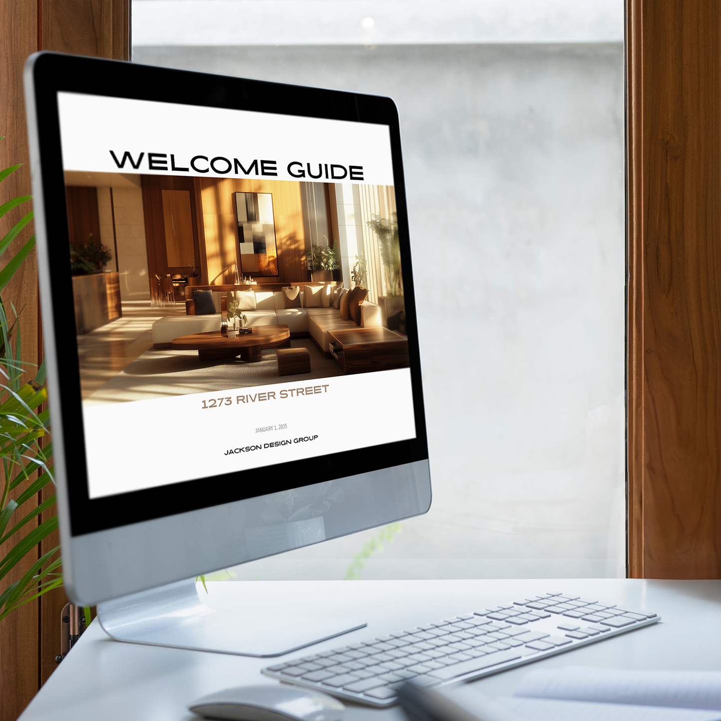 An interior designer's computer showing the New Client Welcome Guide template for Construction, Furniture & Decor Projects. From the LSI Workshop Jackson Collection.