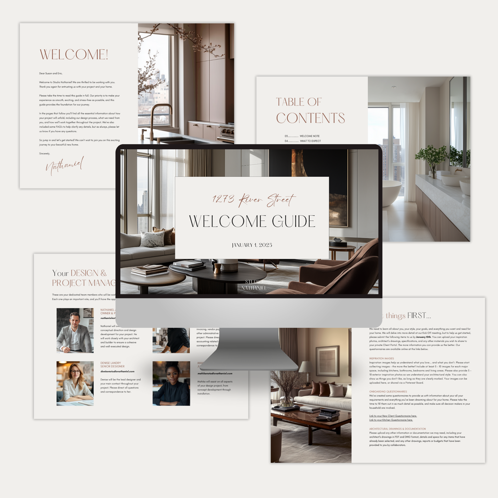 
                  
                    A collage of pages showing the New Client Welcome Guide template for Construction, Furniture & Decor Projects. From the LSI Workshop Nathaniel Collection.
                  
                
