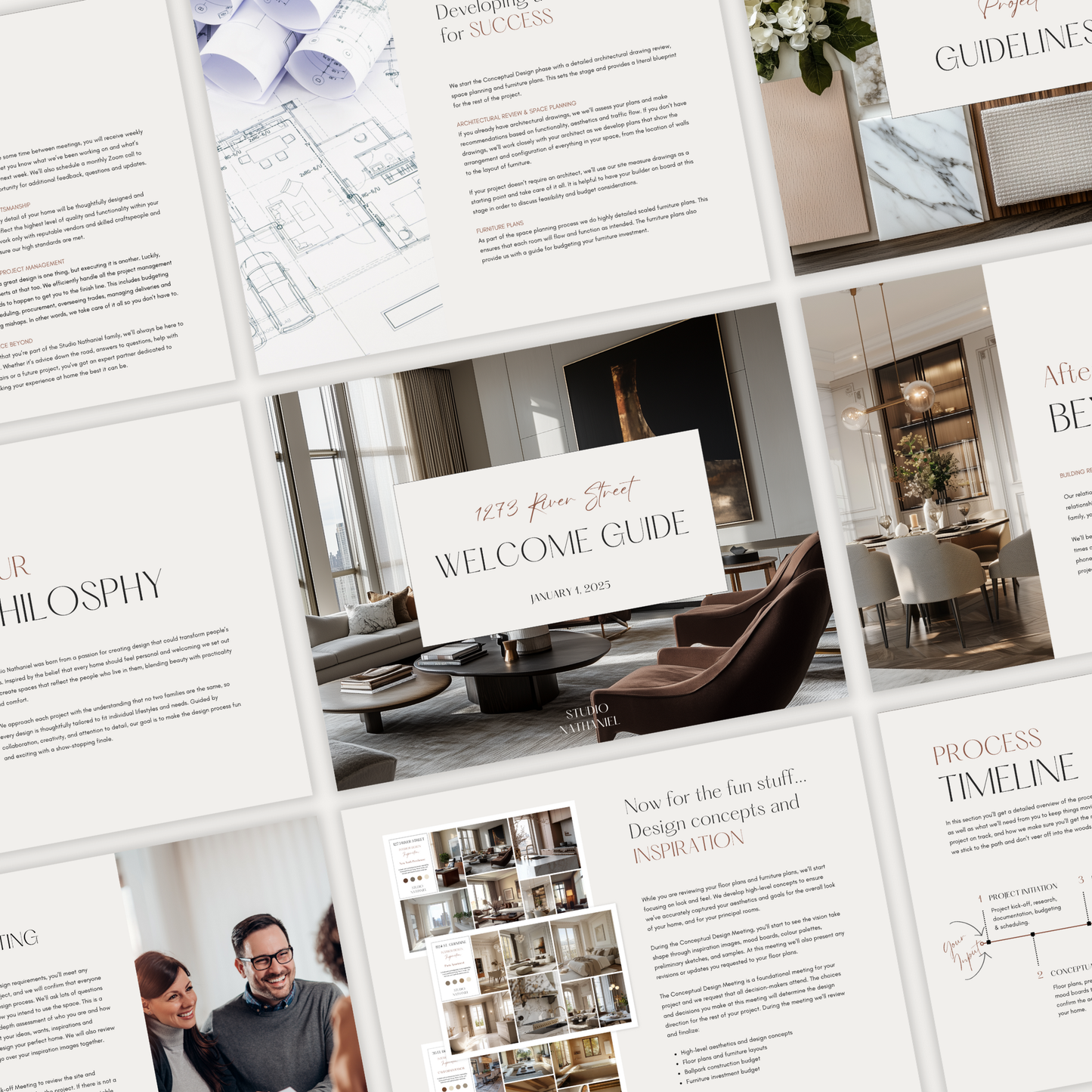 A grid of pages showcasing the design of the New Client Welcome Guide template for construction, furniture & decor projects, from the LSI Workshop Nathaniel Collection.