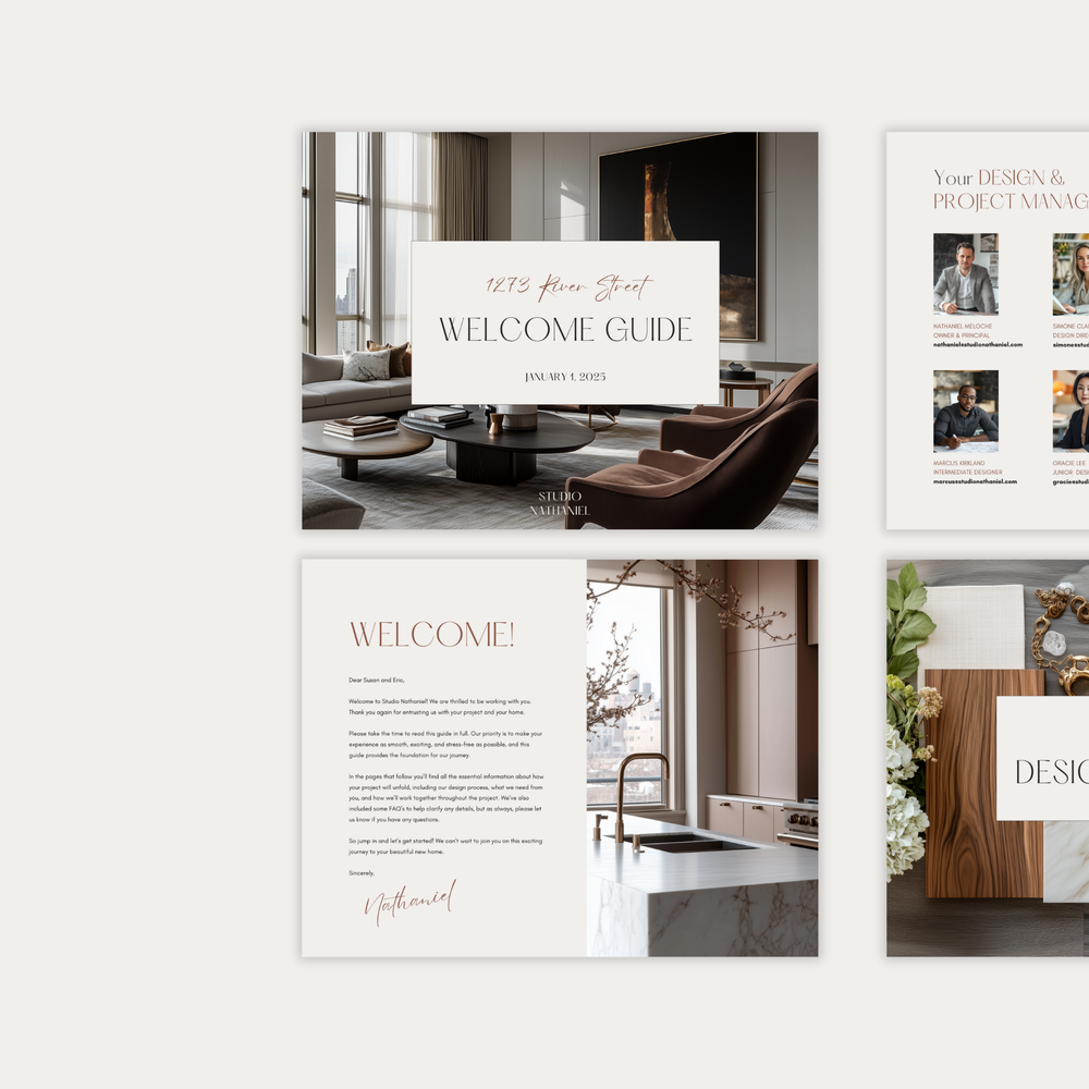 
                  
                    The first of three images displaying the customizable pages of the New Client Welcome Guide template for Construction, Furniture & Decor Projects. From LSI Workshop, the Nathaniel Collection.
                  
                