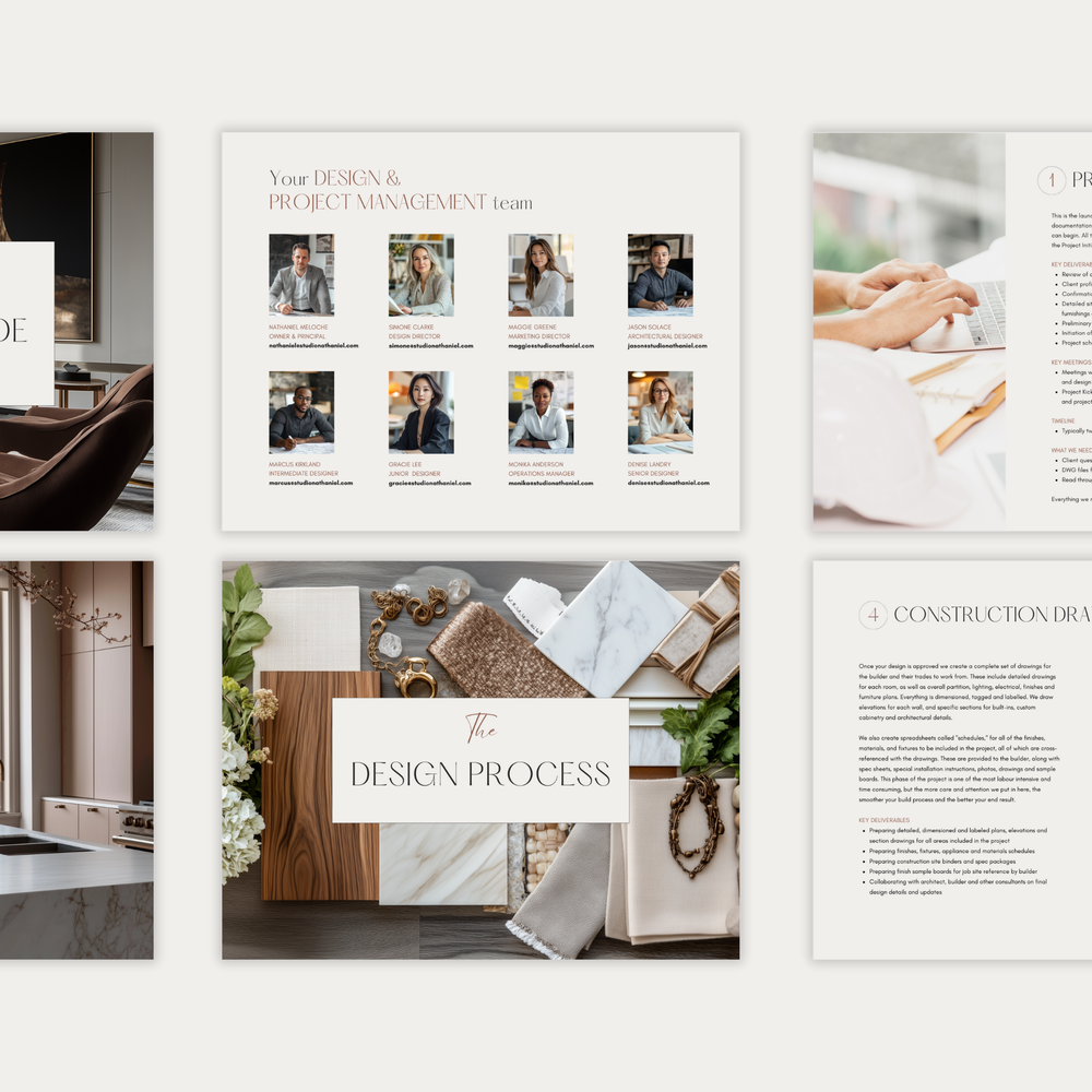 
                  
                    The second of three images displaying the customizable pages of the New Client Welcome Guide template for Construction, Furniture & Decor Projects. From LSI Workshop, the Nathaniel Collection.
                  
                