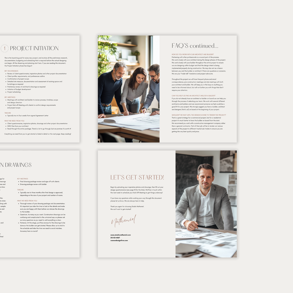 
                  
                    The third of three images displaying the customizable pages of the New Client Welcome Guide template for Construction, Furniture & Decor Projects. From LSI Workshop, the Nathaniel Collection.
                  
                