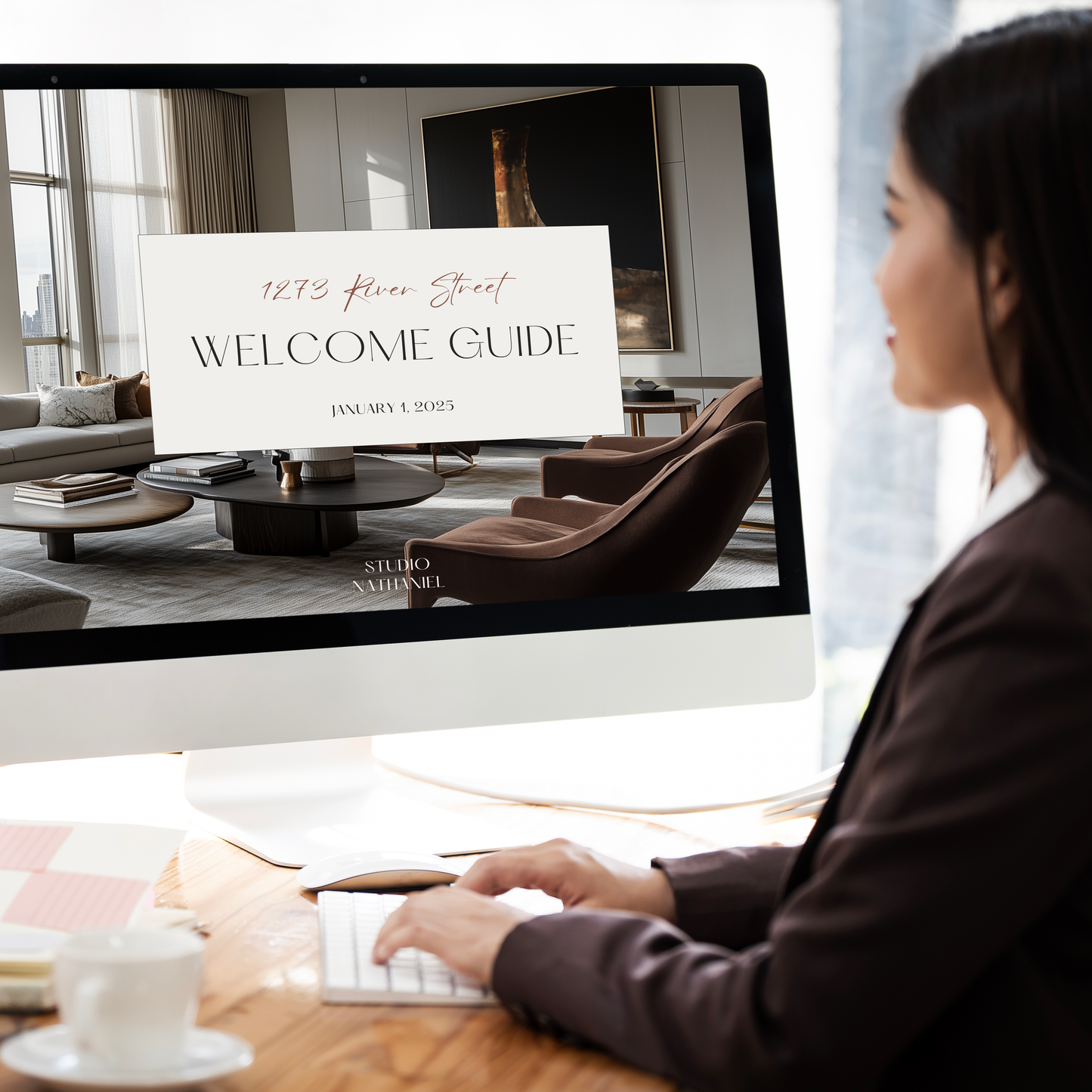 An interior designer working with the New Client Welcome Guide template for Construction, Furniture & Decor Projects. From the LSI Workshop Nathaniel Collection.