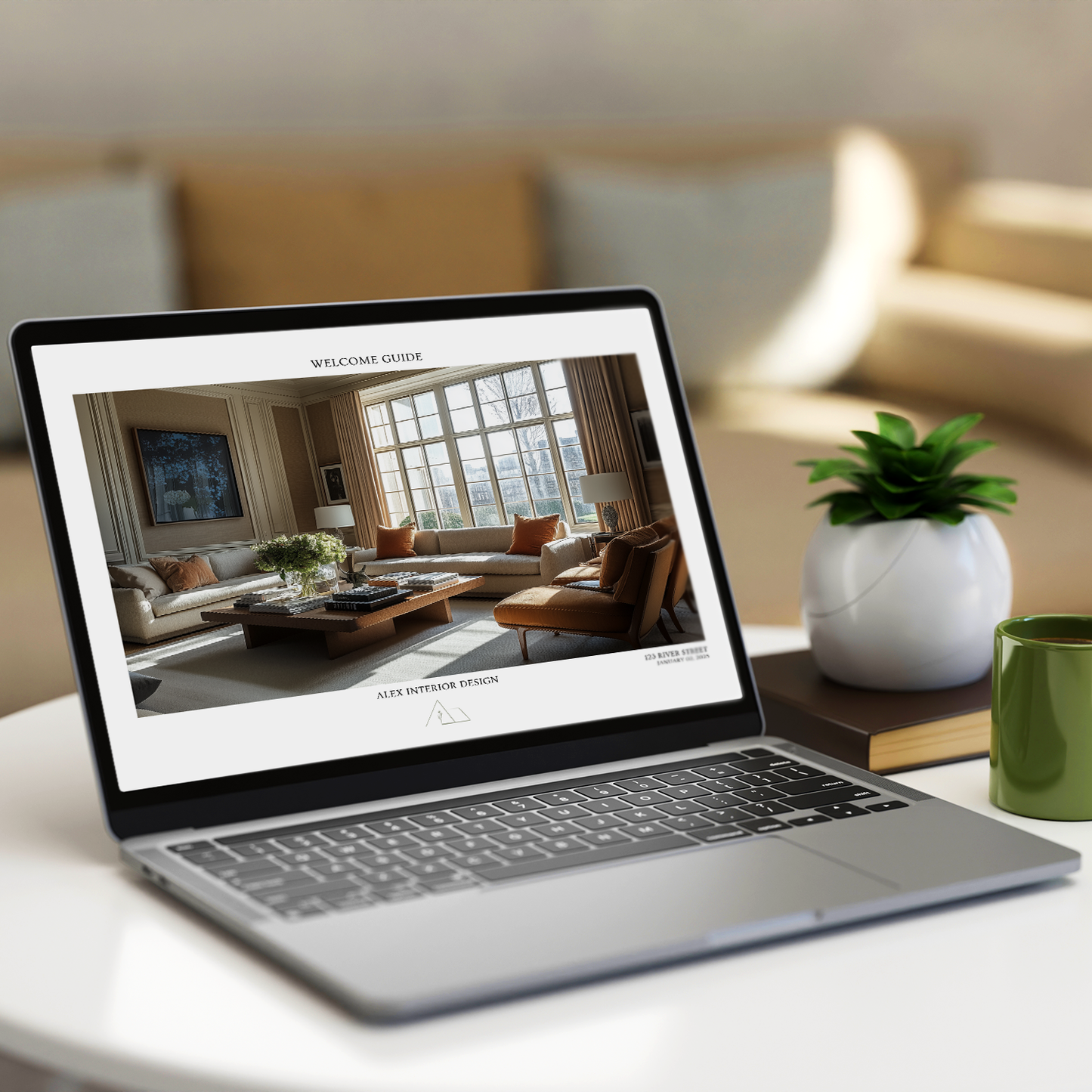 An interior designer's laptop showing the New Client Welcome Guide template for Construction, Furniture & Decor Projects. From LSI Workshop, the Alex Collection.