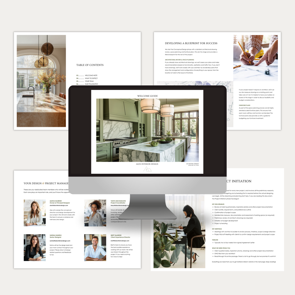 
                  
                    A collage of pages showing the customizable New Client Welcome Guide template for interior design construction projects. From LSI Workshop, the Alex Collection.
                  
                