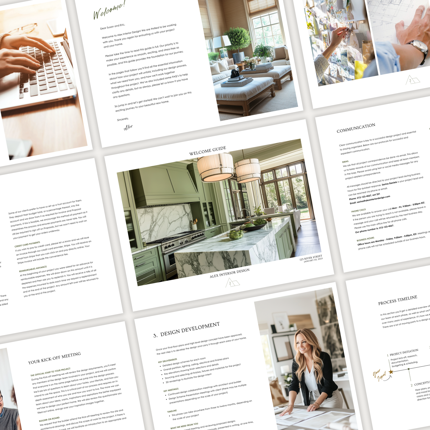 A grid of pages showcasing the design of the New Client Welcome Guide template for interior design construction projects, from the LSI Workshop Alex Collection.