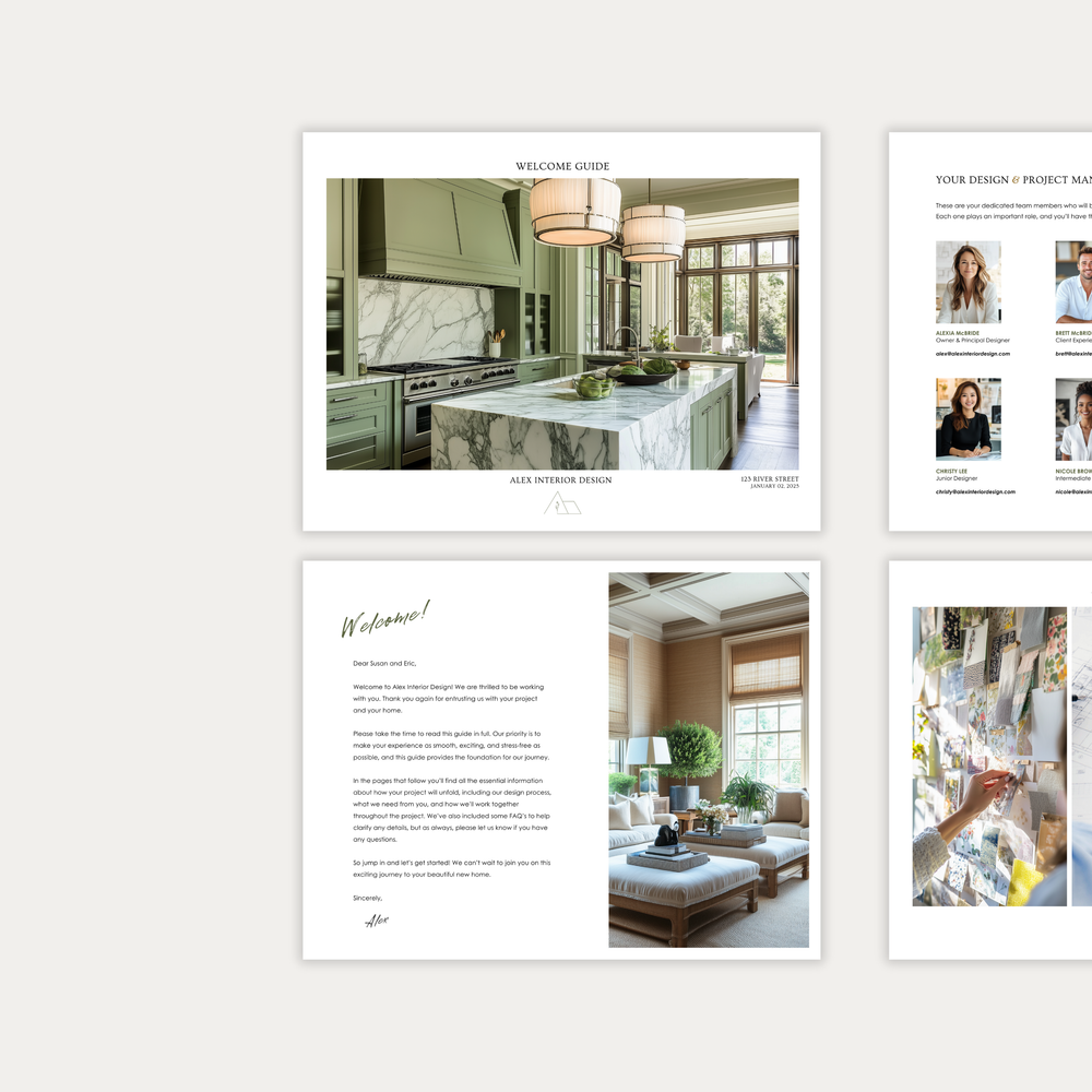 
                  
                    The first of three images displaying the customizable pages of the New Client Welcome Guide template for interior design construction projects. From LSI Workshop, the Alex Collection.
                  
                