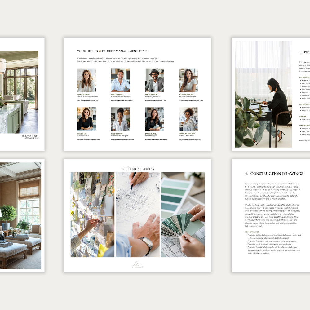 
                  
                    The second of three images displaying the customizable pages of the New Client Welcome Guide template for interior design construction projects. From LSI Workshop, the Alex Collection.
                  
                