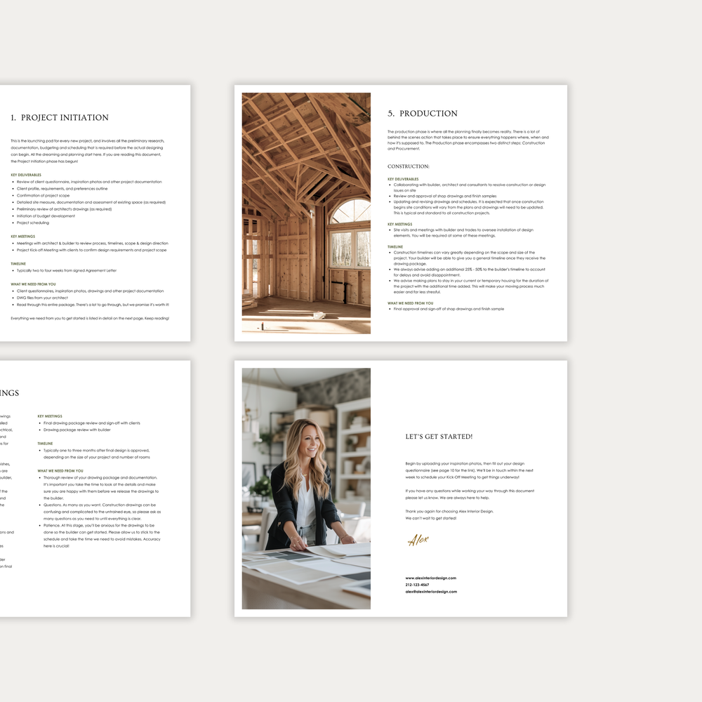 
                  
                    The third of three images displaying the customizable pages of the New Client Welcome Guide template for interior design construction projects. From LSI Workshop, the Alex Collection.
                  
                