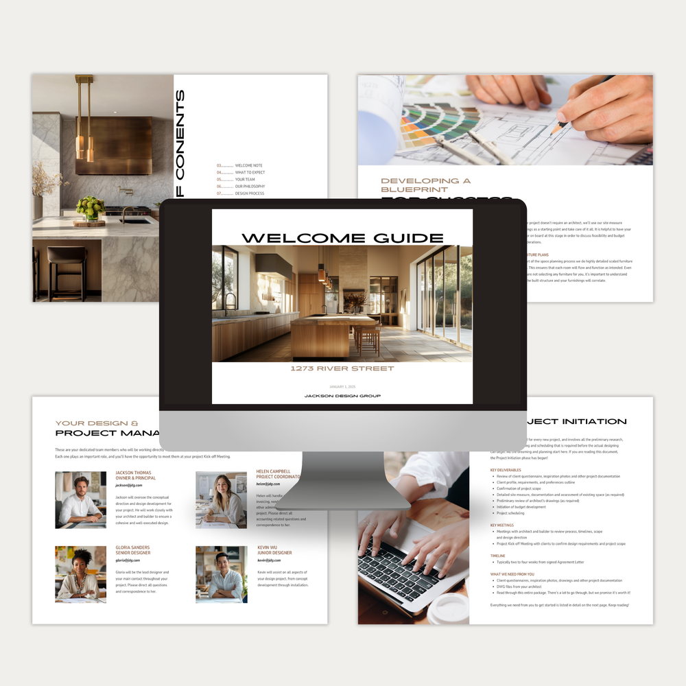 
                  
                    A collage of pages showing the customizable New Client Welcome Guide template for interior design construction projects. From LSI Workshop, the Jackson Collection.
                  
                