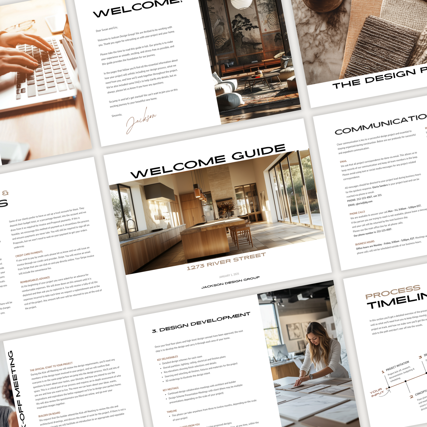 A grid of pages showcasing the design of the New Client Welcome Guide template for interior design construction projects, from the LSI Workshop Jackson Collection.