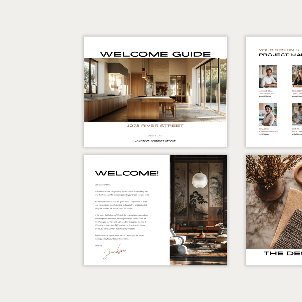 
                  
                    The first of three images displaying the customizable pages of the New Client Welcome Guide template for interior design construction projects. From LSI Workshop, the Jackson Collection.
                  
                