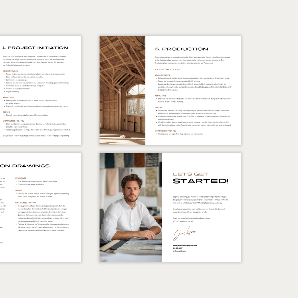 
                  
                    The third of three images displaying the customizable pages of the New Client Welcome Guide template for interior design construction projects. From LSI Workshop, the Jackson Collection.
                  
                