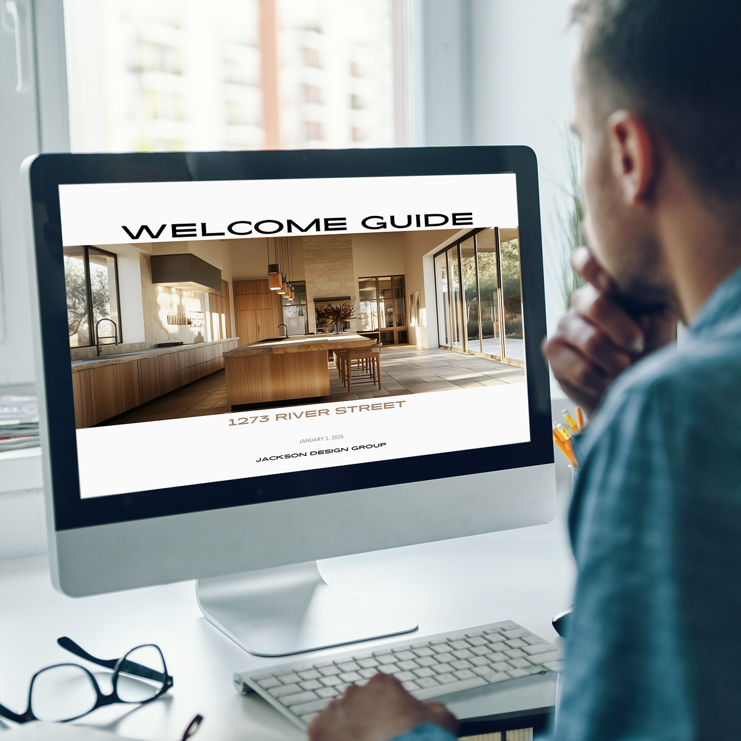 An interior designer working with the New Client Welcome Guide template for construction projects, from the LSI Workshop Jackson Collection.