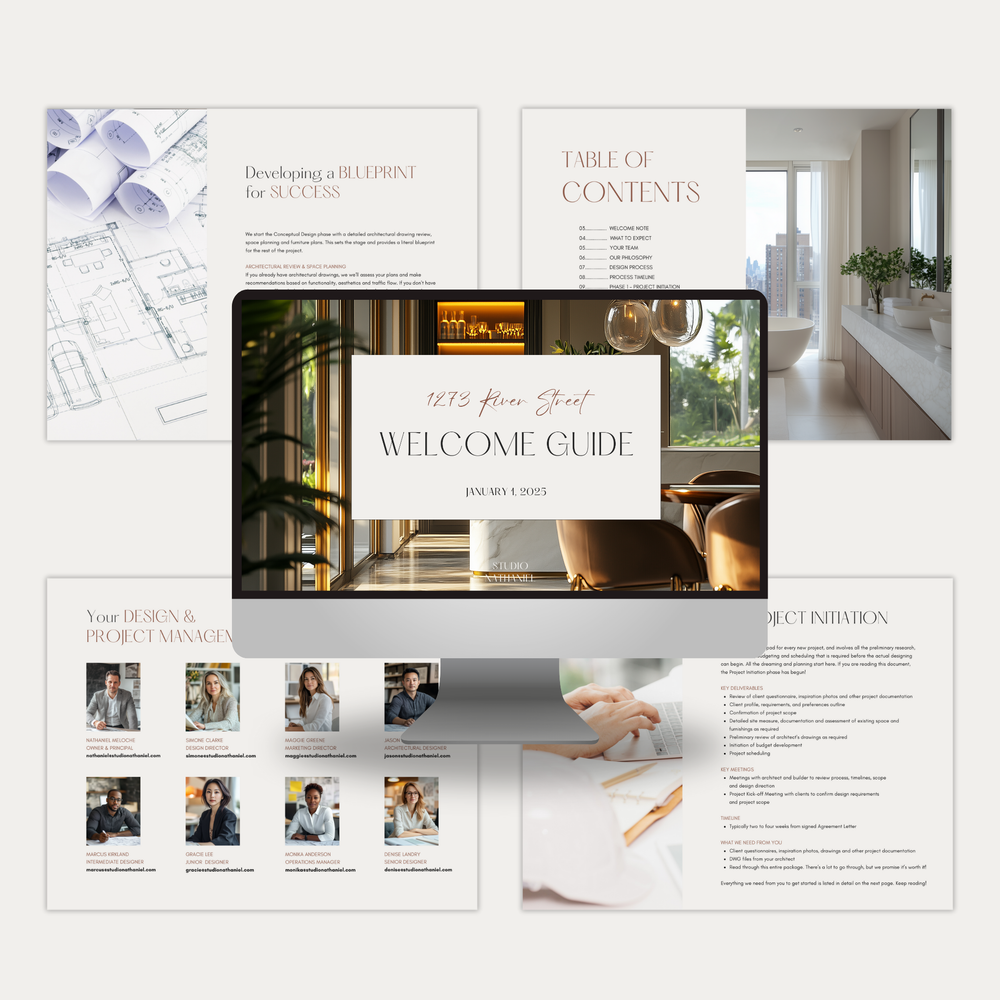 
                  
                    A collage of pages showing the customizable New Client Welcome Guide template for interior design construction projects. From LSI Workshop, the Nathaniel Collection.
                  
                